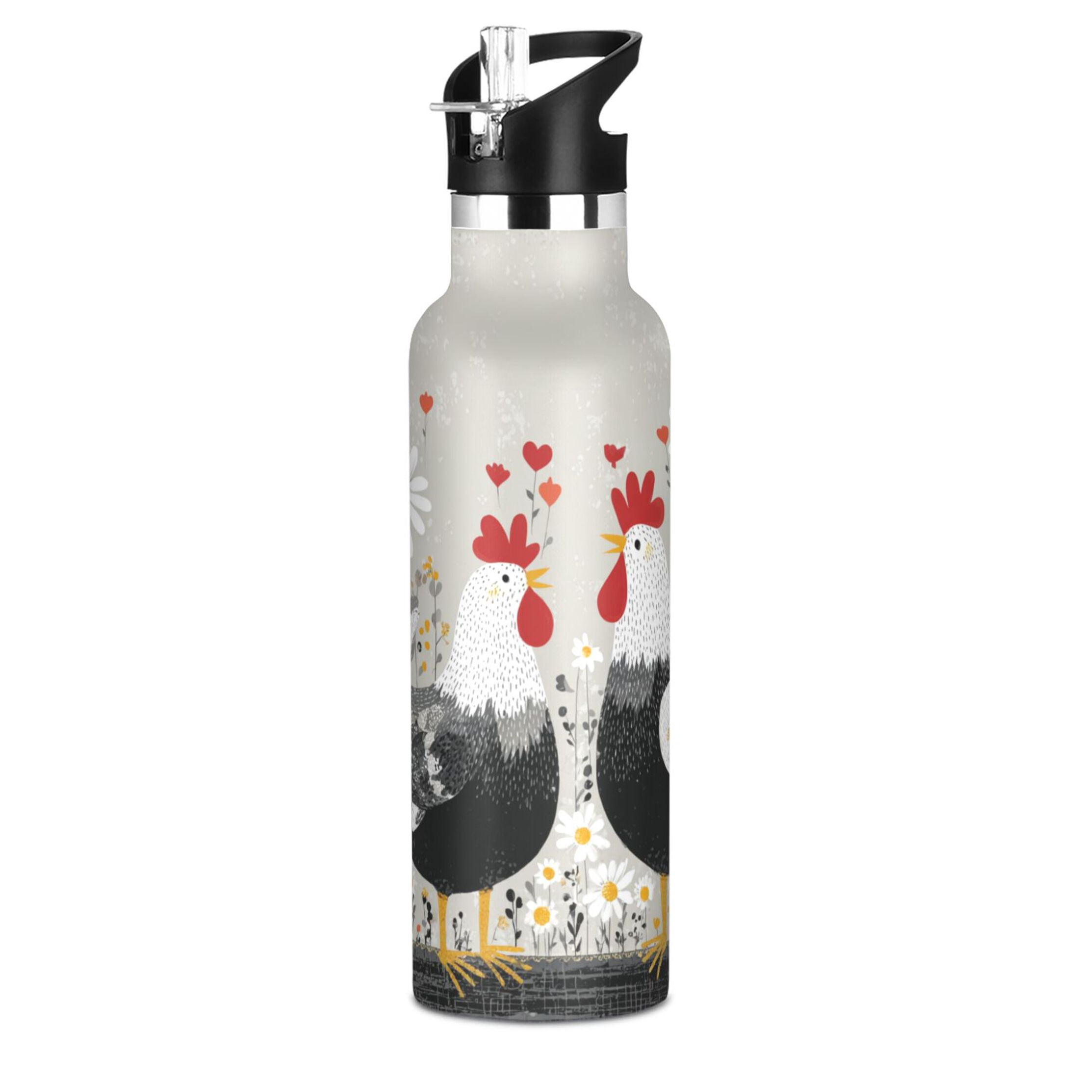 Kids Insulated Stainless Steel Sports Water Bottle 600ml (20oz) Black and White Chick