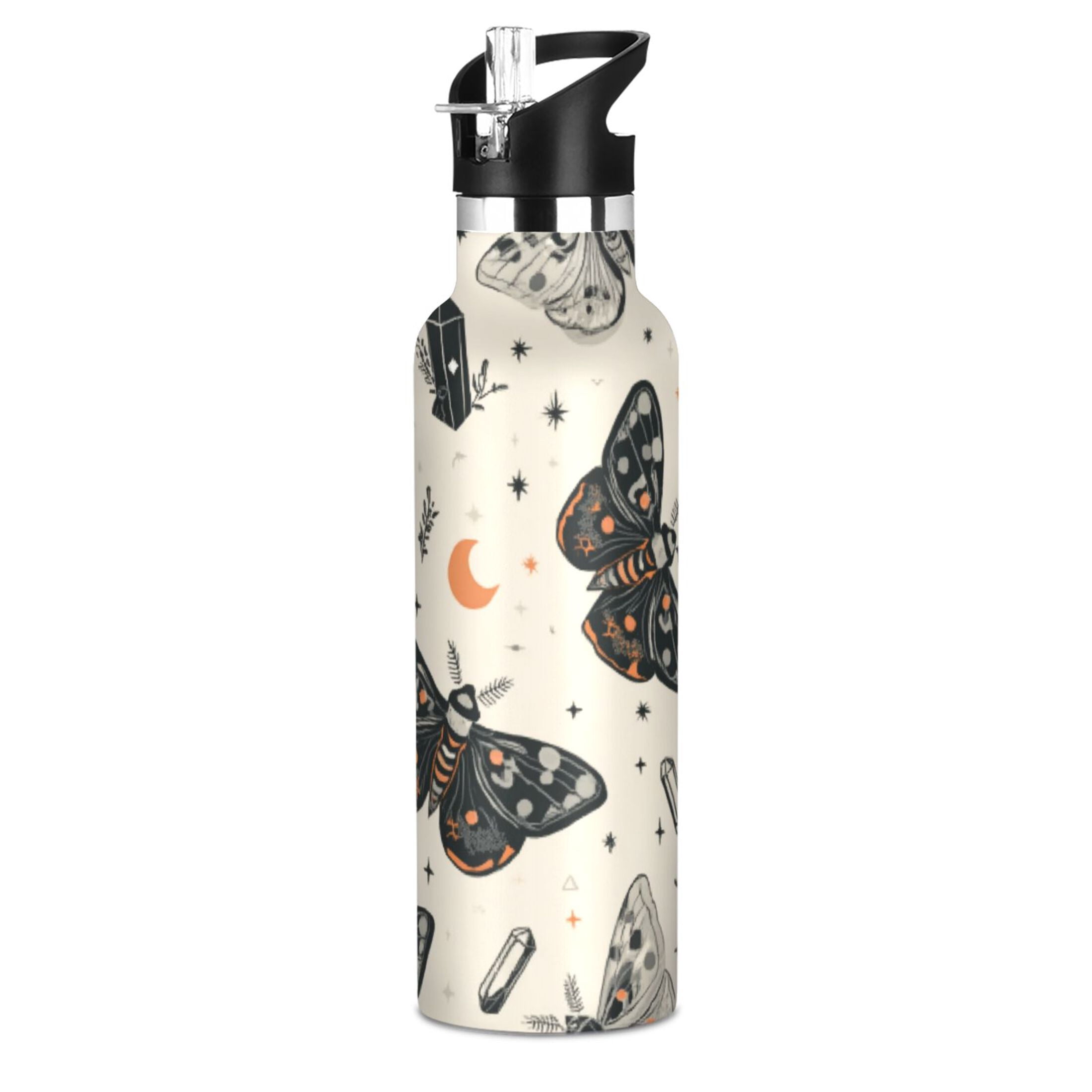 Kids Insulated Stainless Steel Sports Water Bottle 600ml (20oz) Black and White Moths