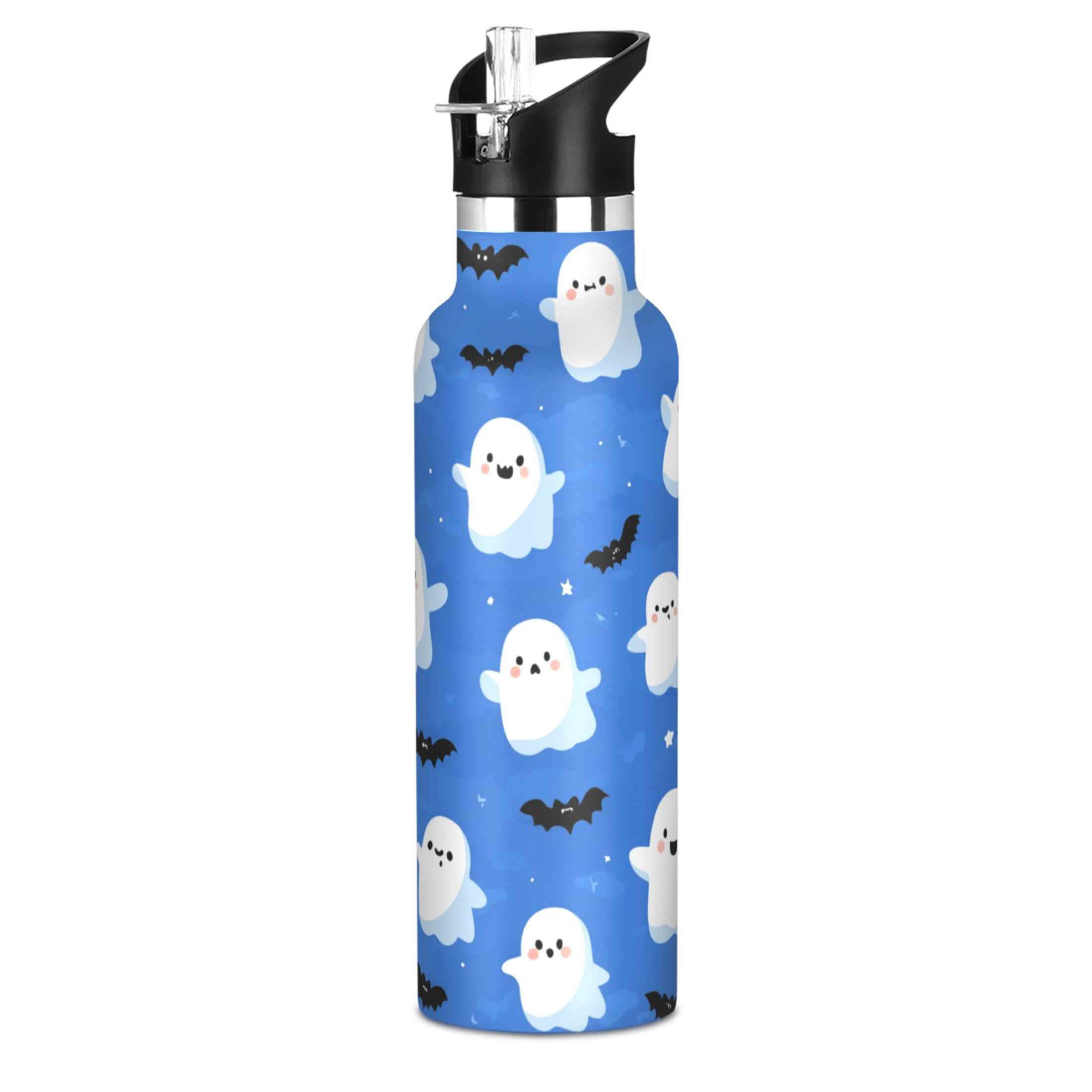 Kids Insulated Stainless Steel Sports Water Bottle 600ml (20oz) Blue Background with Ghost Pattern