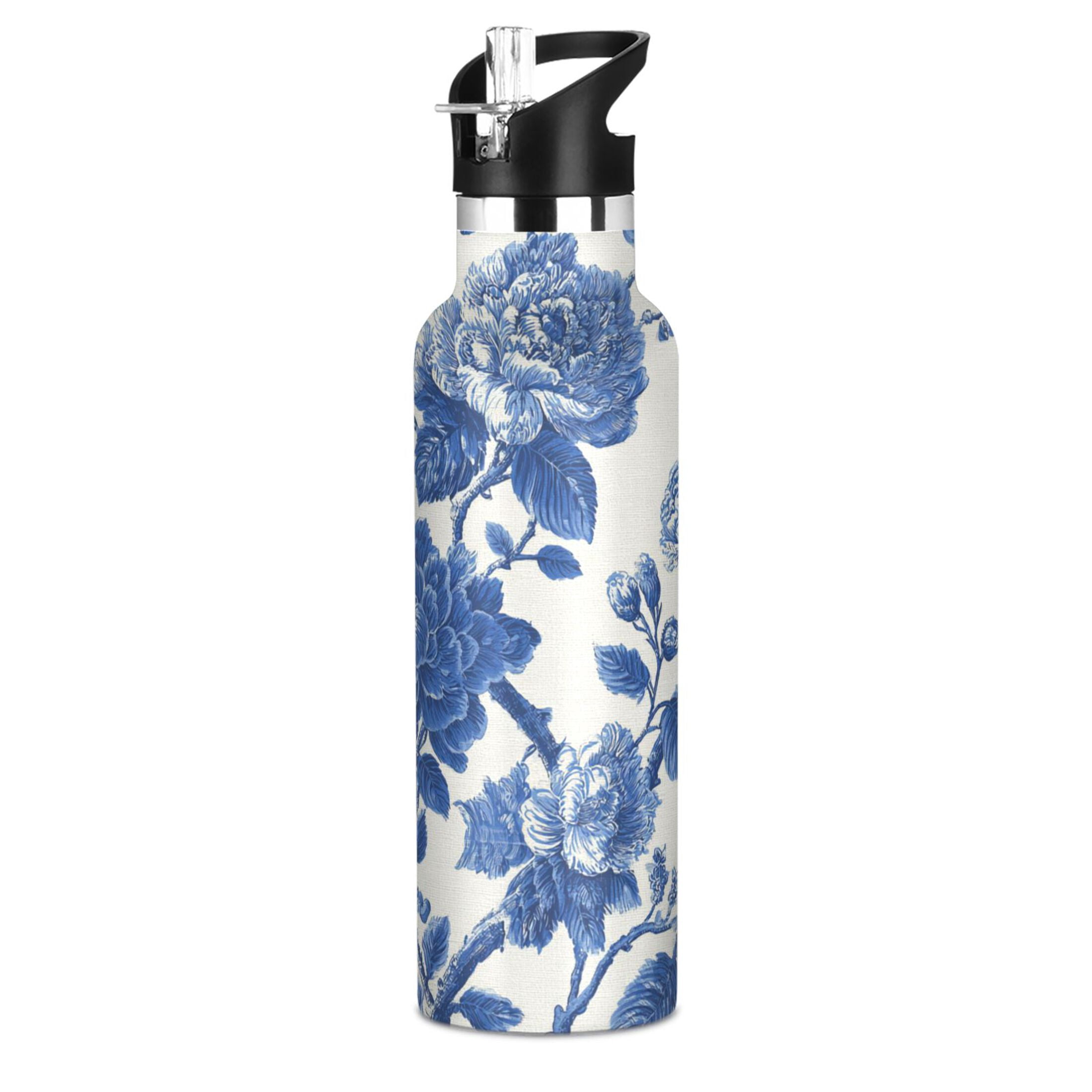 Kids Insulated Stainless Steel Sports Water Bottle 600ml (20oz) Blue Floral