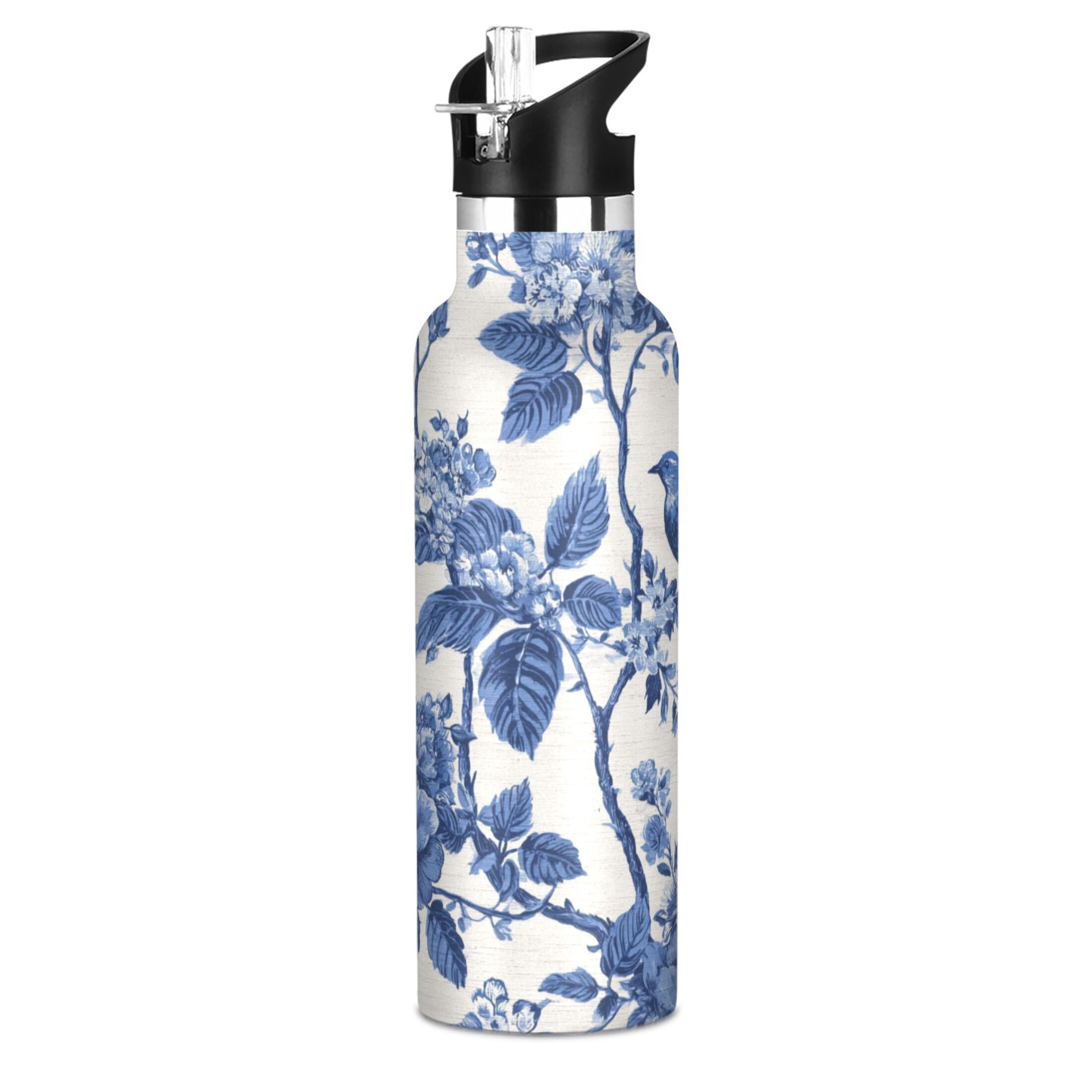 Kids Insulated Stainless Steel Sports Water Bottle 600ml (20oz) Blue Flowers and Birds