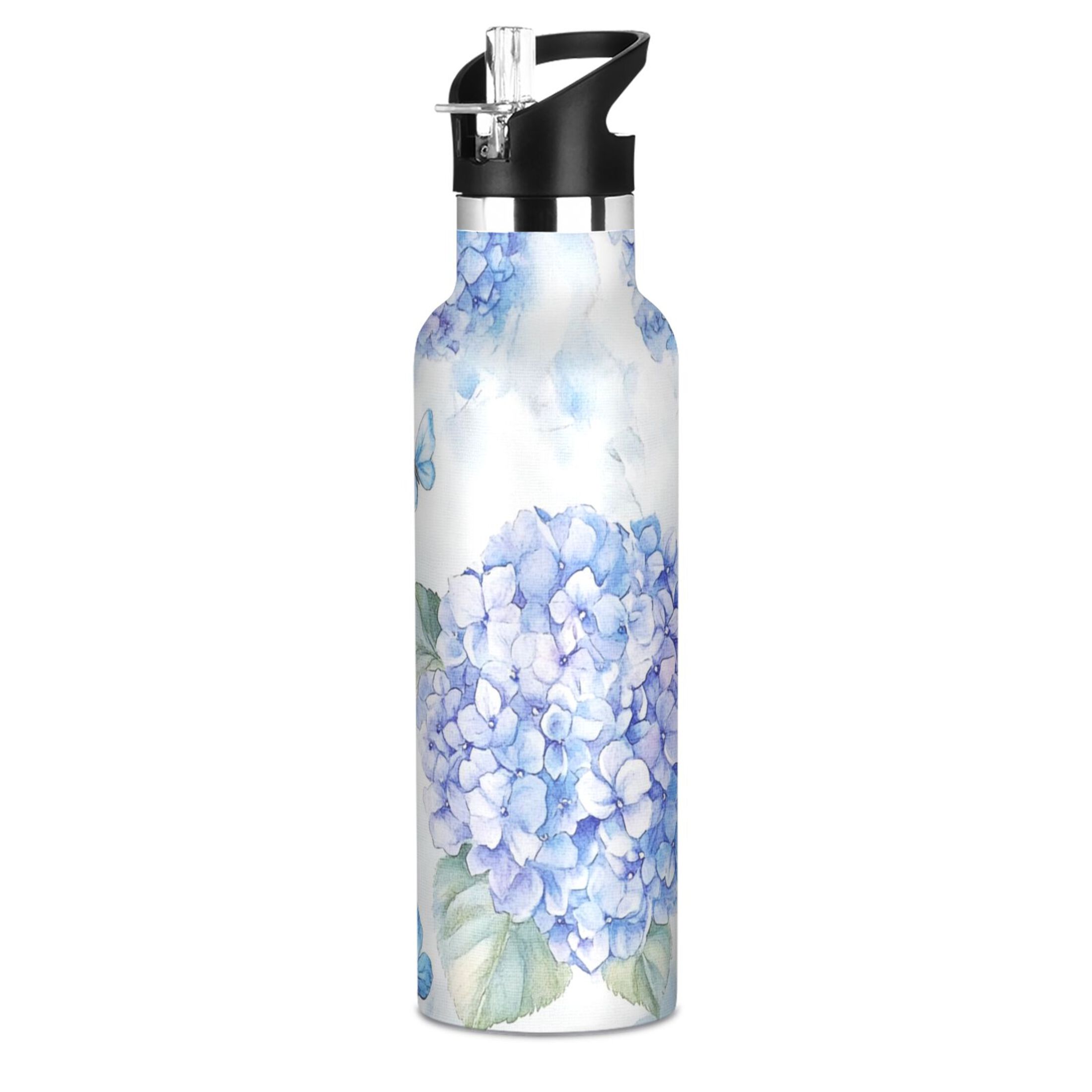 Kids Insulated Stainless Steel Sports Water Bottle 600ml (20oz) Blue Hydrangea Pattern