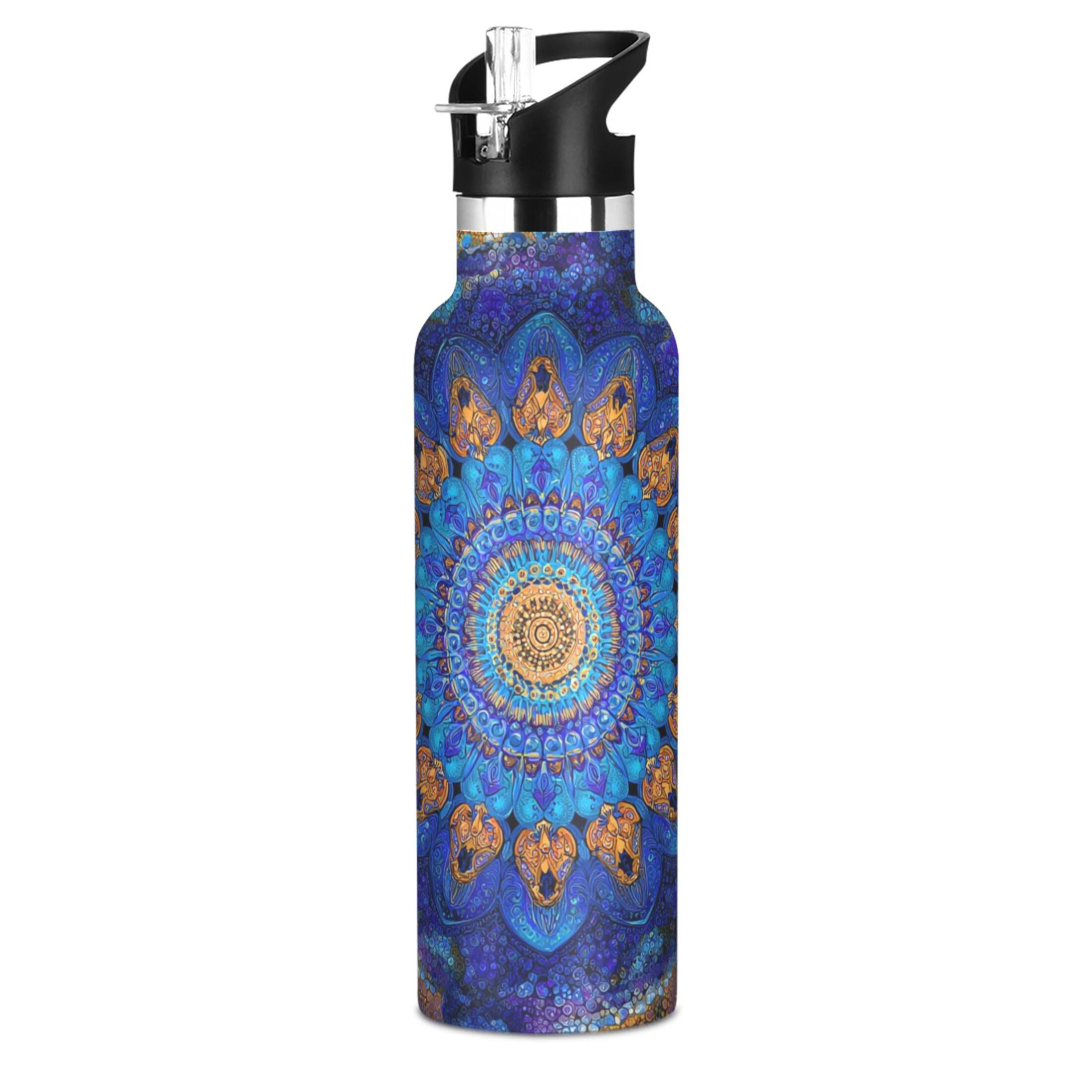 Kids Insulated Stainless Steel Sports Water Bottle 600ml (20oz) Blue Kaleidoscopic Pattern