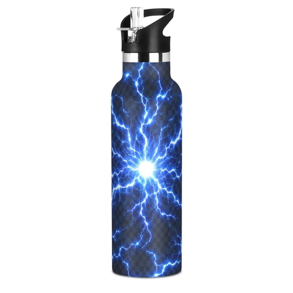 Kids Insulated Stainless Steel Sports Water Bottle 600ml (20oz) Blue Lightning Bolt Pattern