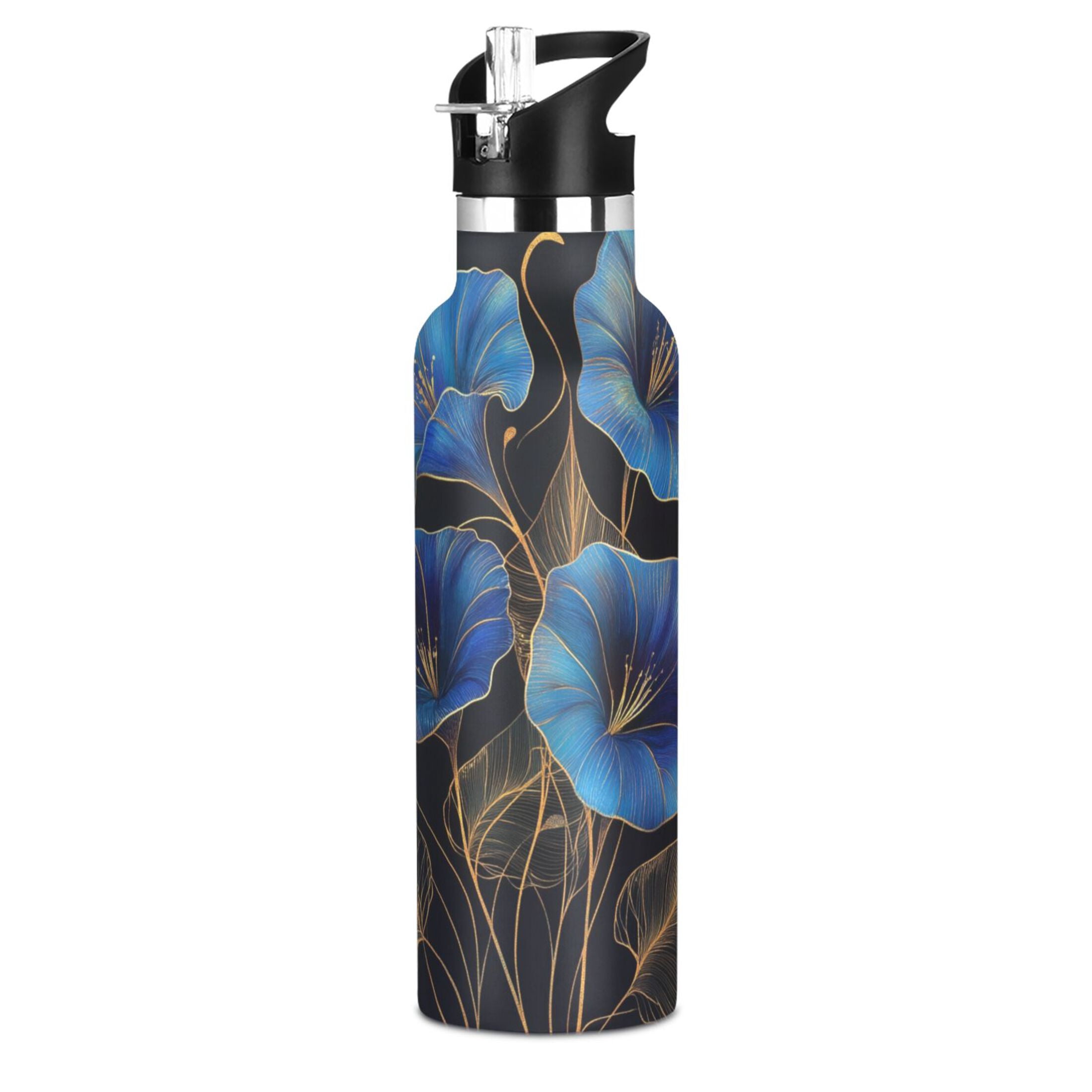 Kids Insulated Stainless Steel Sports Water Bottle 600ml (20oz) Blue Morning Glory Flowers