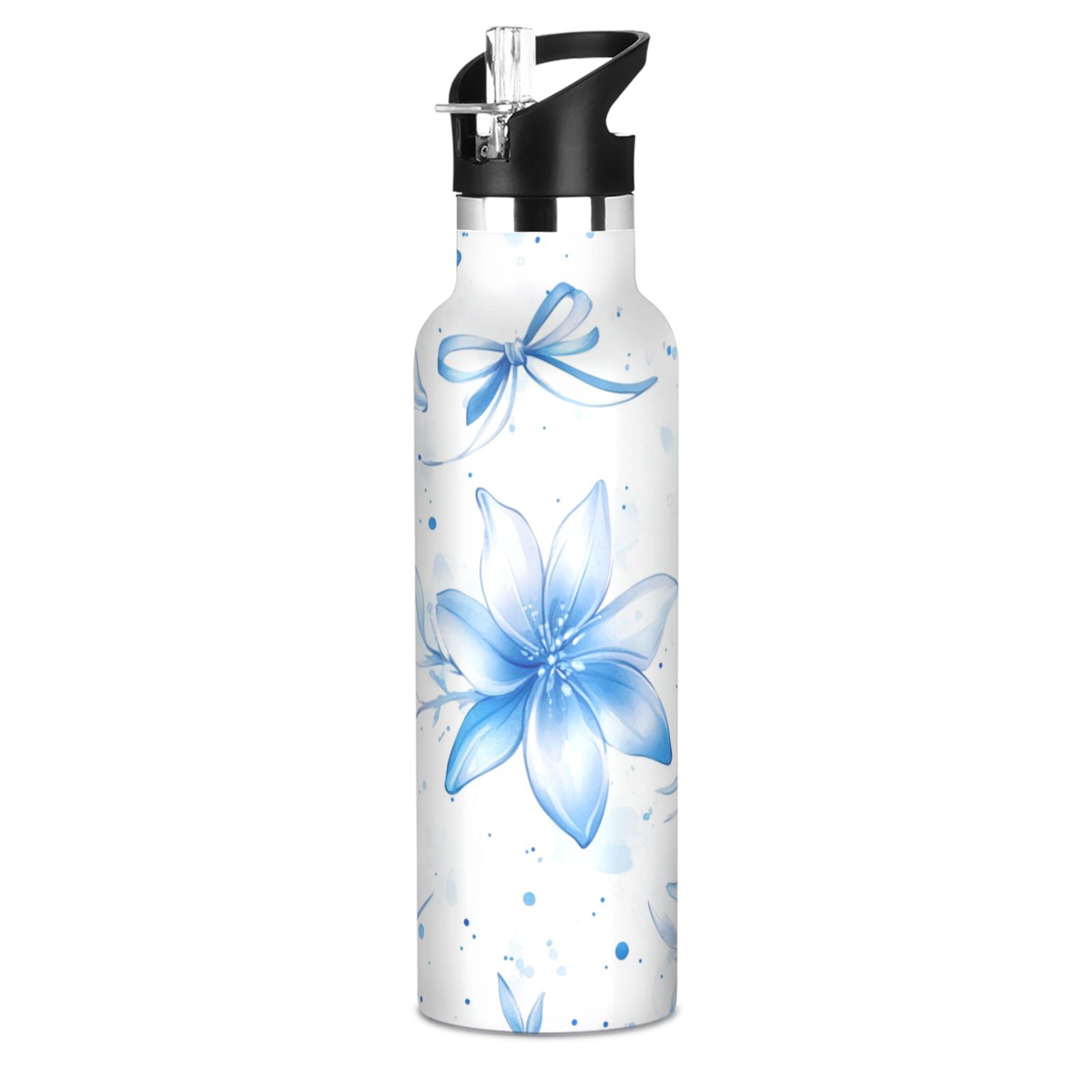 Kids Insulated Stainless Steel Sports Water Bottle 600ml (20oz) Blue Pastel Flowers