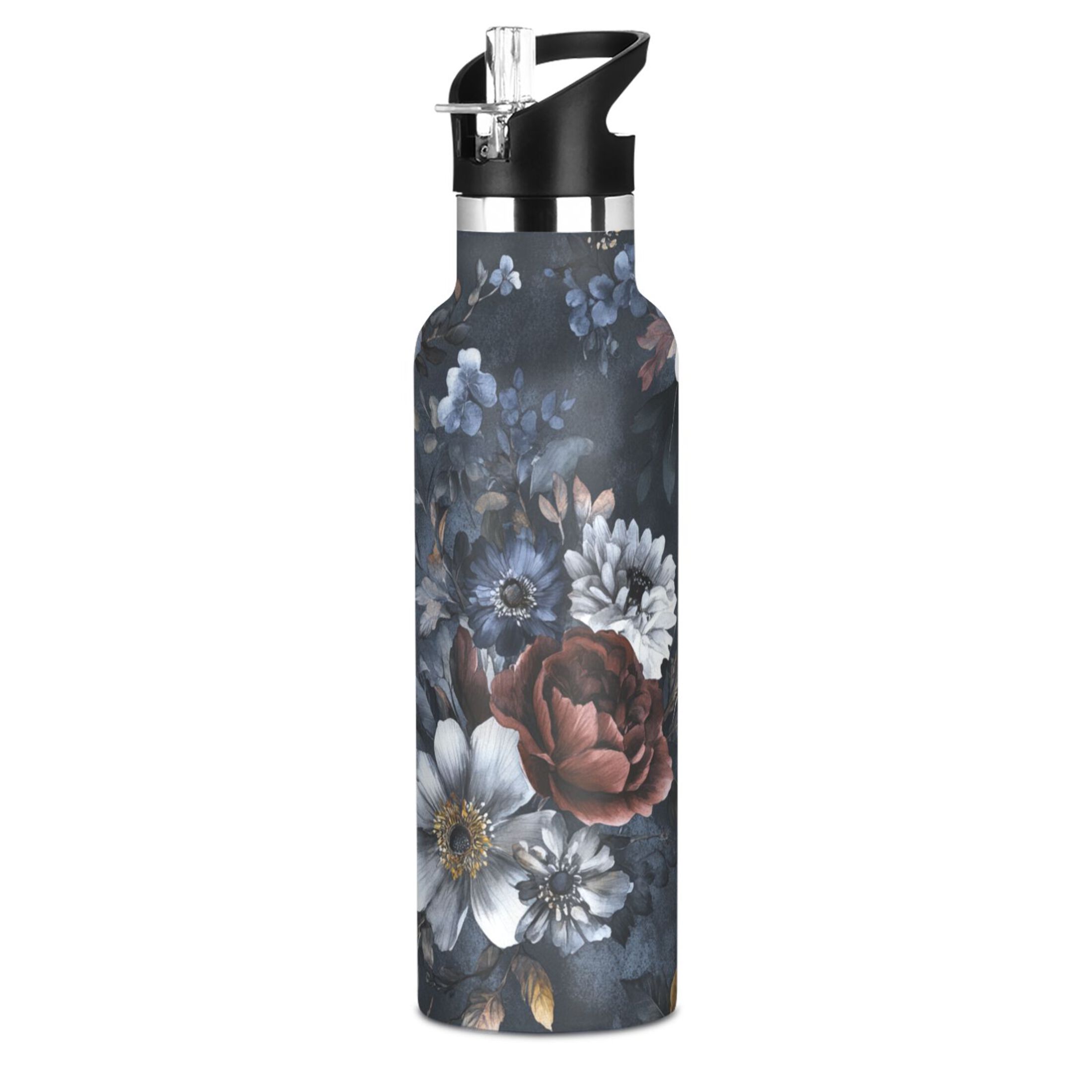 Kids Insulated Stainless Steel Sports Water Bottle 600ml (20oz) Blue Peonies