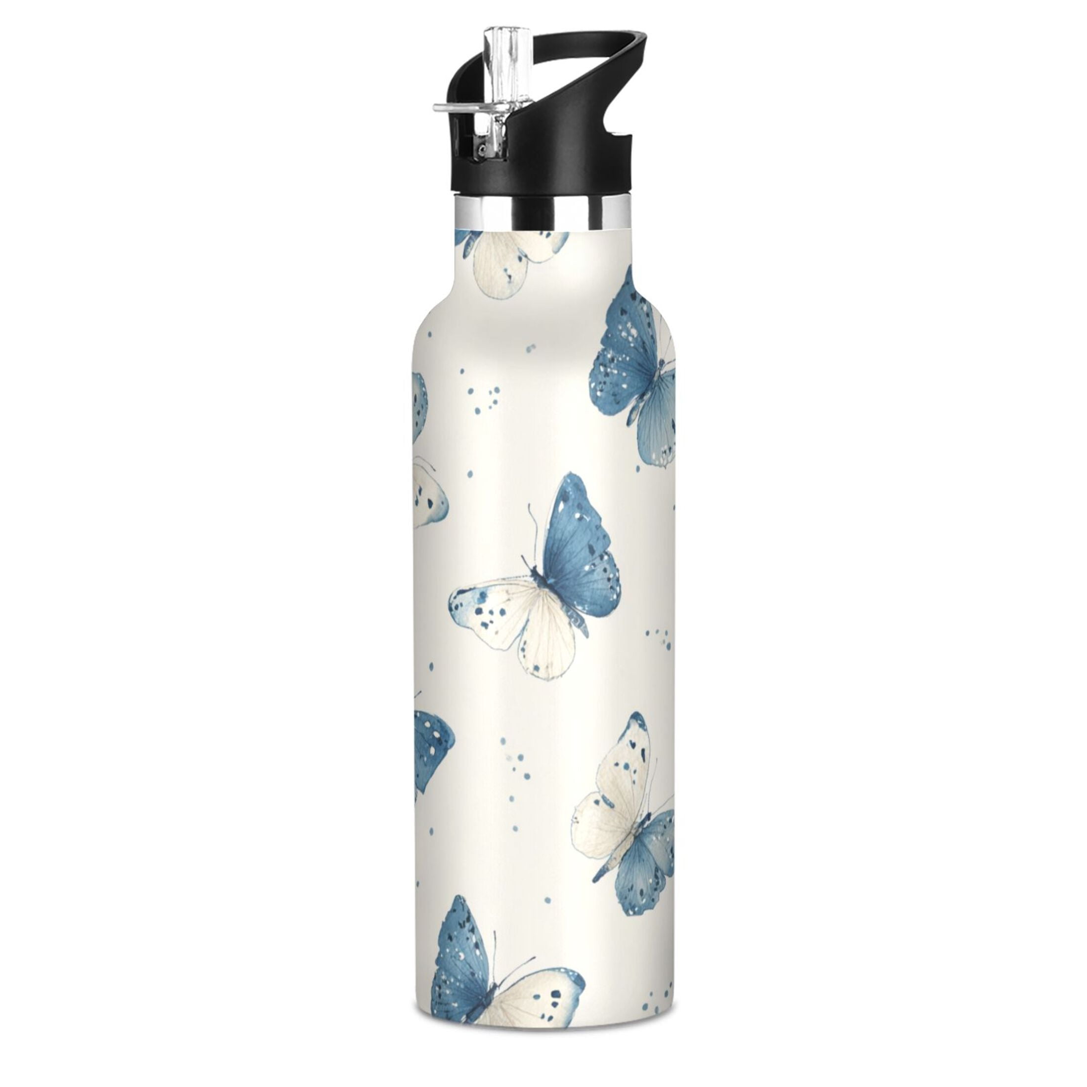 Kids Insulated Stainless Steel Sports Water Bottle 600ml (20oz) Blue Watercolor Butterflies