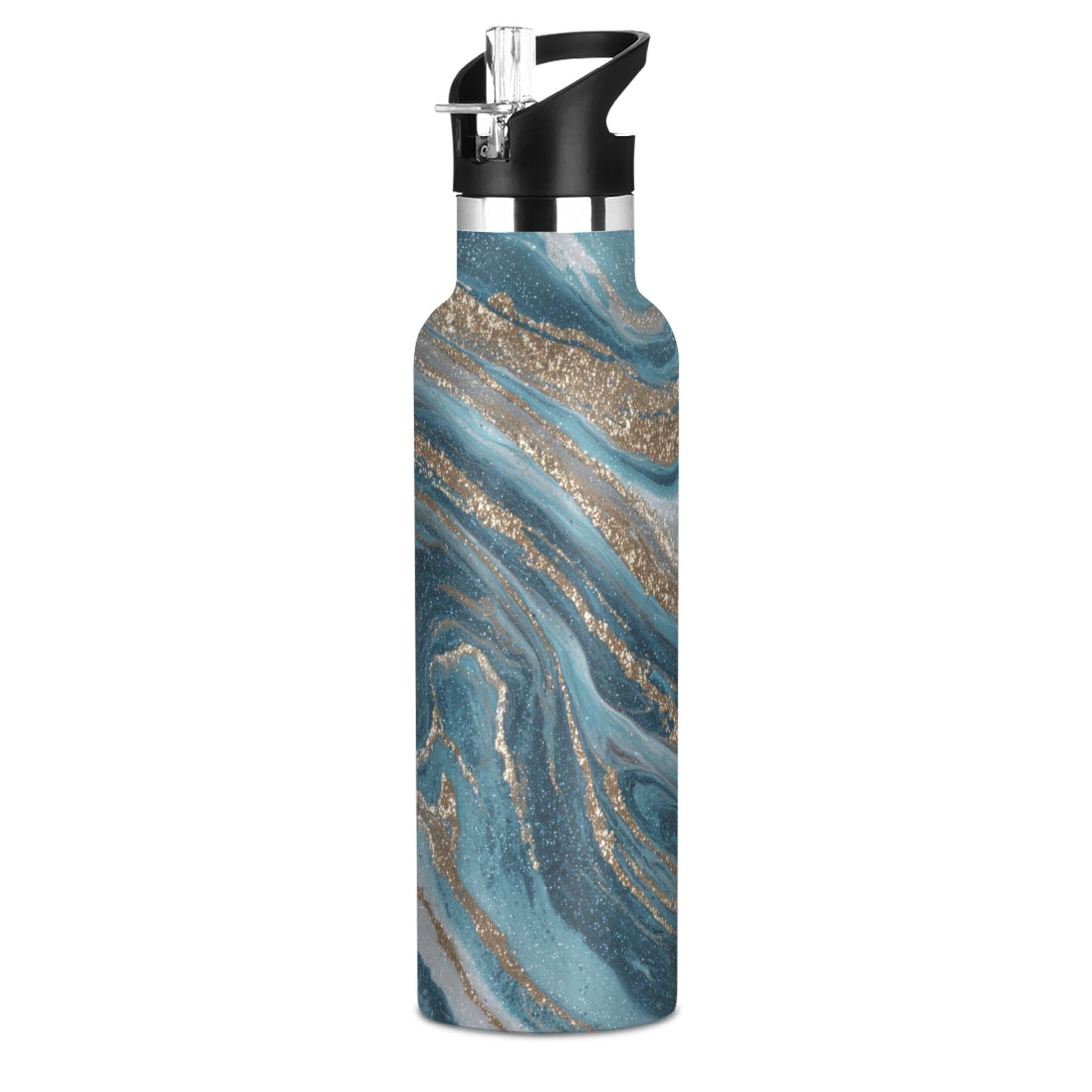 Kids Insulated Stainless Steel Sports Water Bottle 600ml (20oz) Blue and Gold Swirling