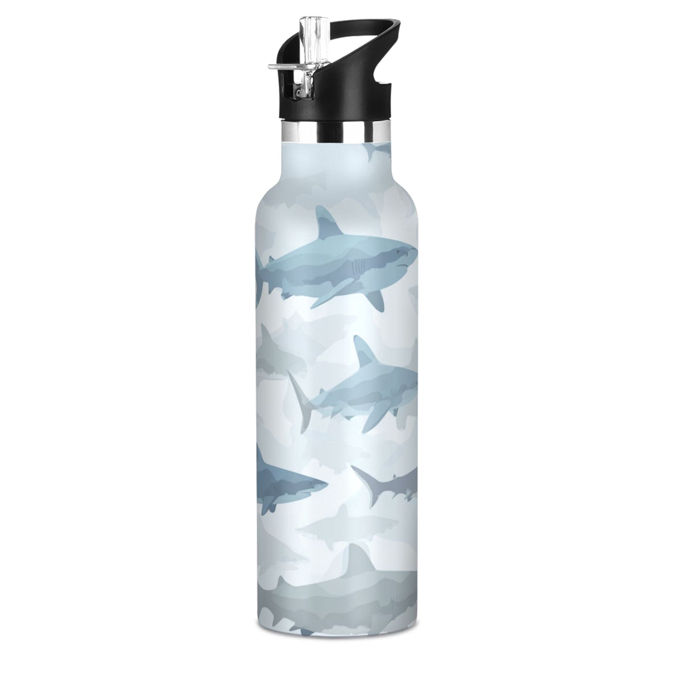 Kids Insulated Stainless Steel Sports Water Bottle 600ml (20oz) Blue and Gray Sharks Pattern