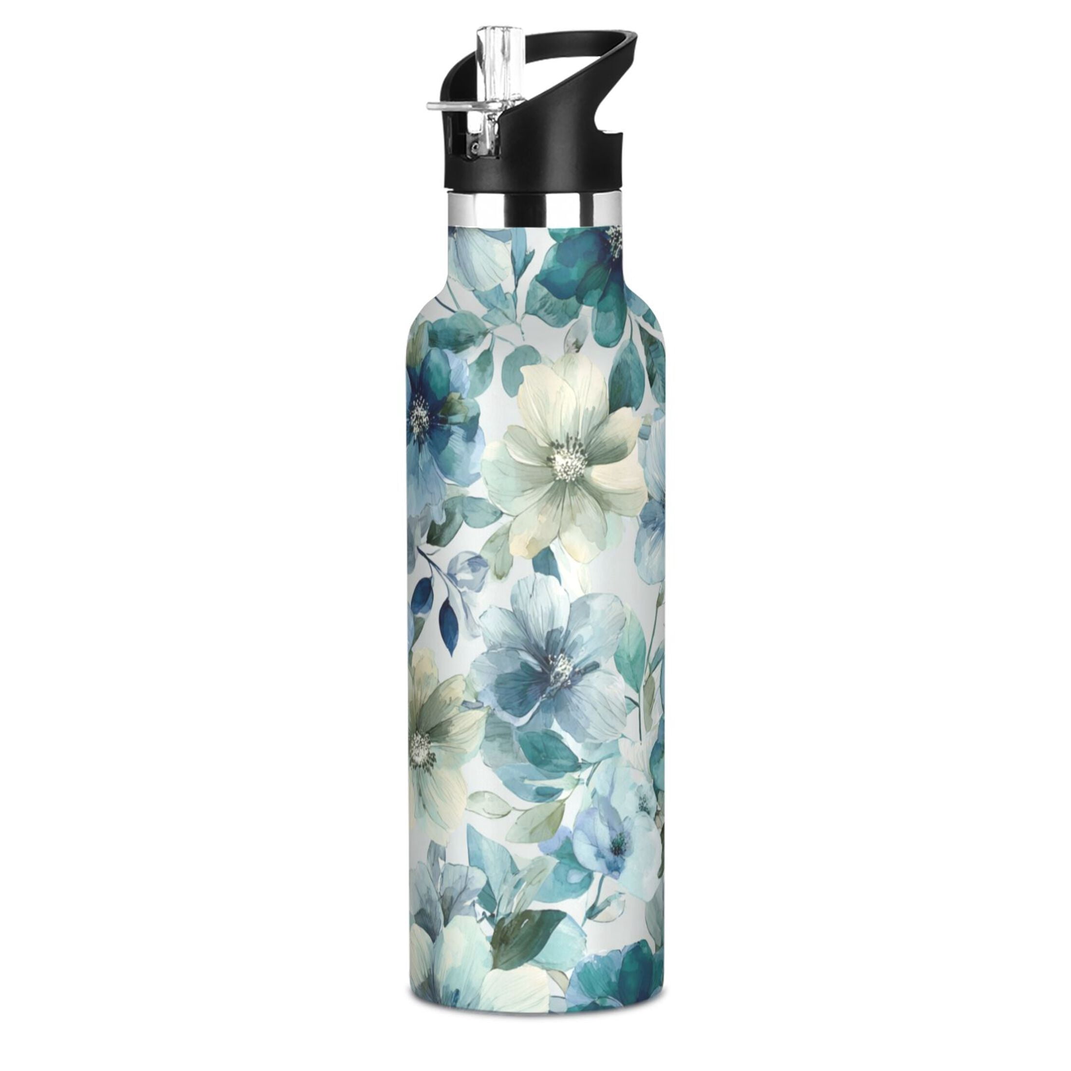 Kids Insulated Stainless Steel Sports Water Bottle 600ml (20oz) Blue and Green Flowers