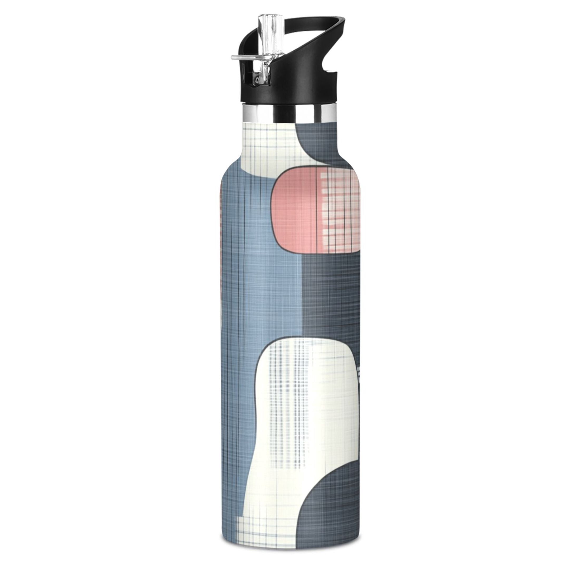 Kids Insulated Stainless Steel Sports Water Bottle 600ml (20oz) Blue and Pink Large Shapes