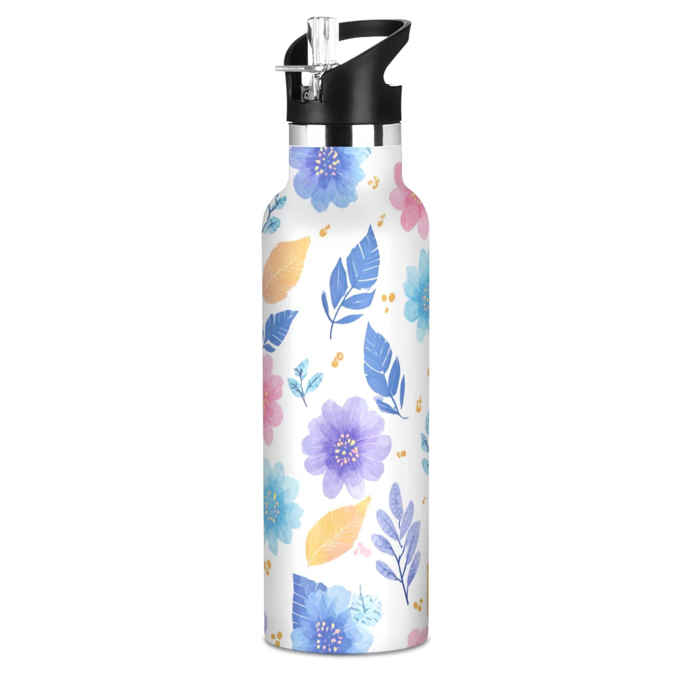 Kids Insulated Stainless Steel Sports Water Bottle 600ml (20oz) Blue and Purple Flowers