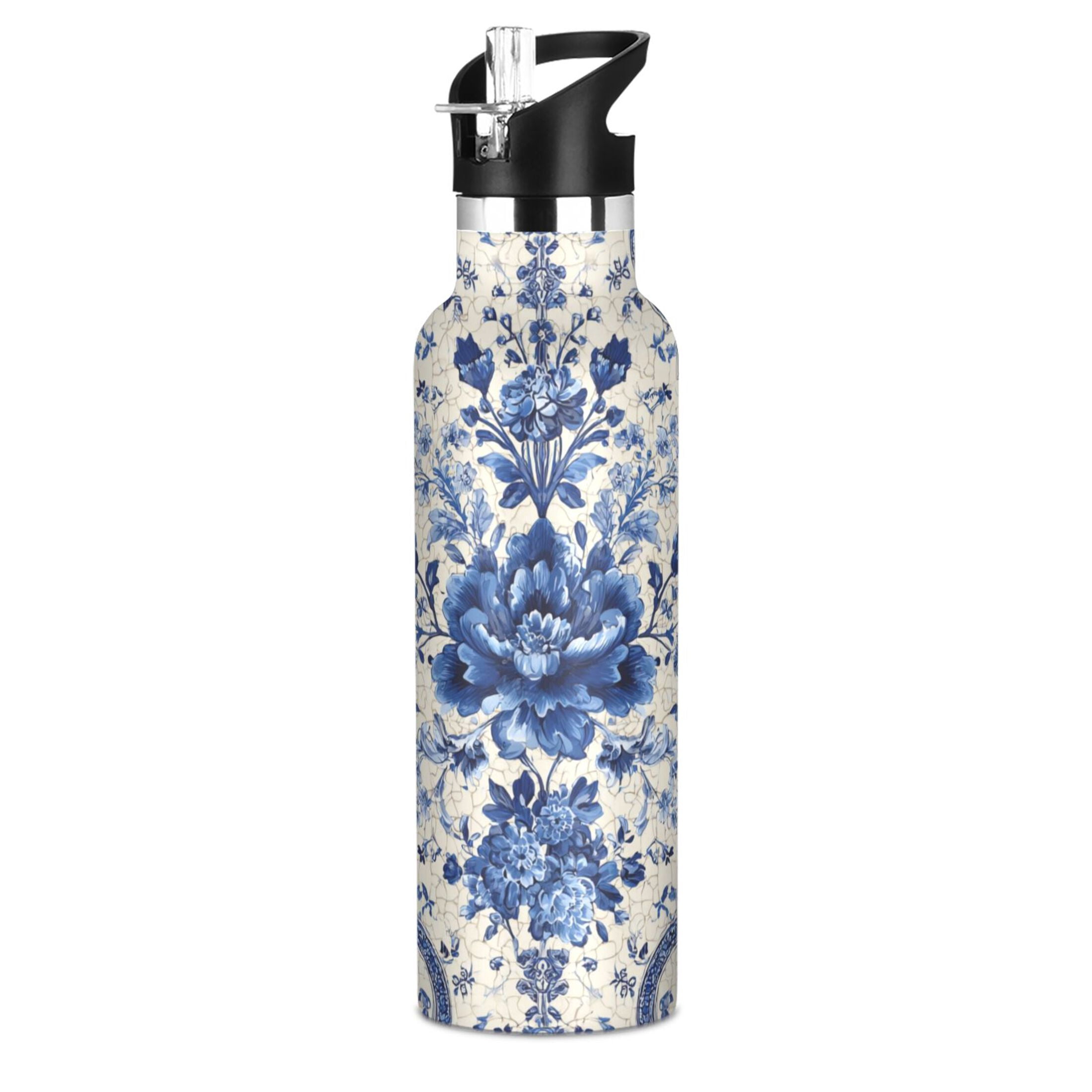 Kids Insulated Stainless Steel Sports Water Bottle 600ml (20oz) Blue and White Porcelain-style