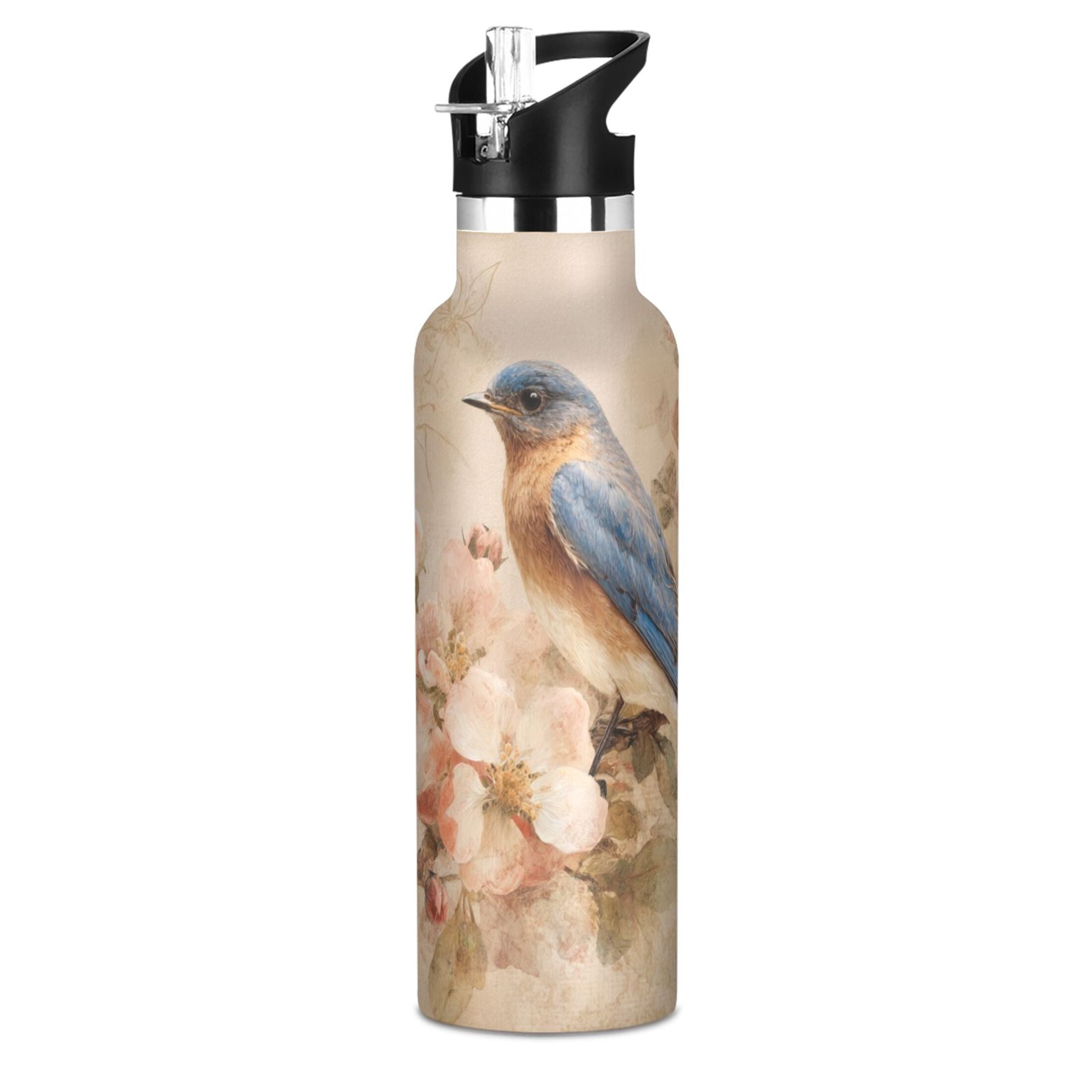 Kids Insulated Stainless Steel Sports Water Bottle 600ml (20oz) Bluebird and Ancient Flowers