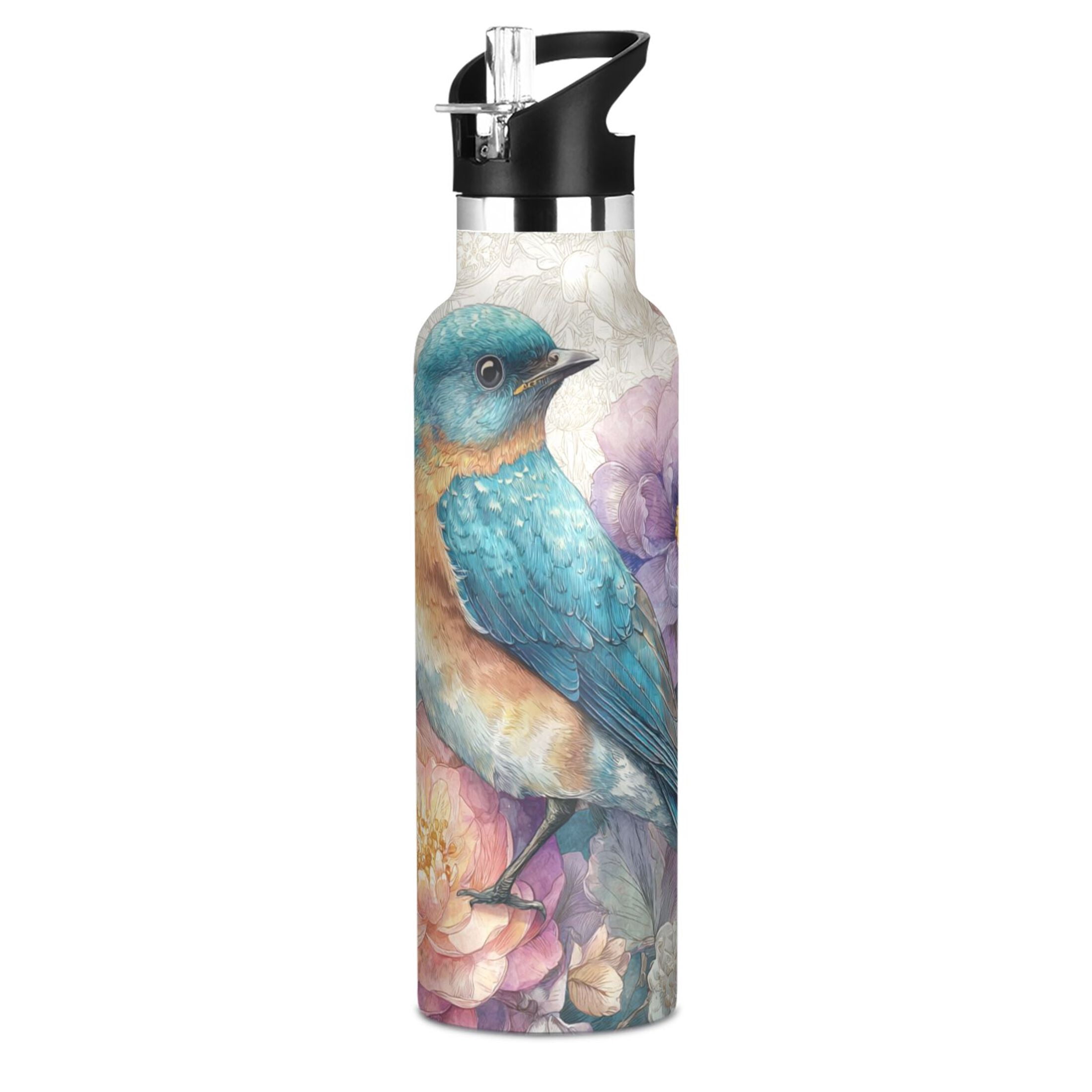 Kids Insulated Stainless Steel Sports Water Bottle 600ml (20oz) Bluebird and Flower