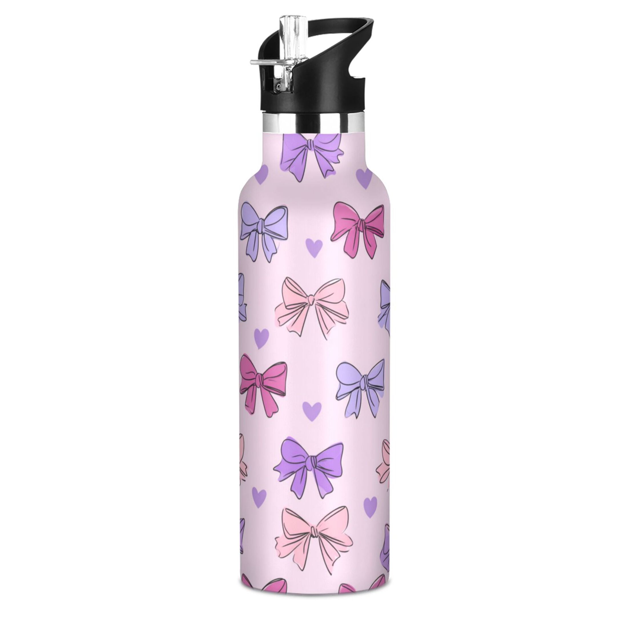 Kids Insulated Stainless Steel Sports Water Bottle 600ml (20oz) Bows and Heart Pattern