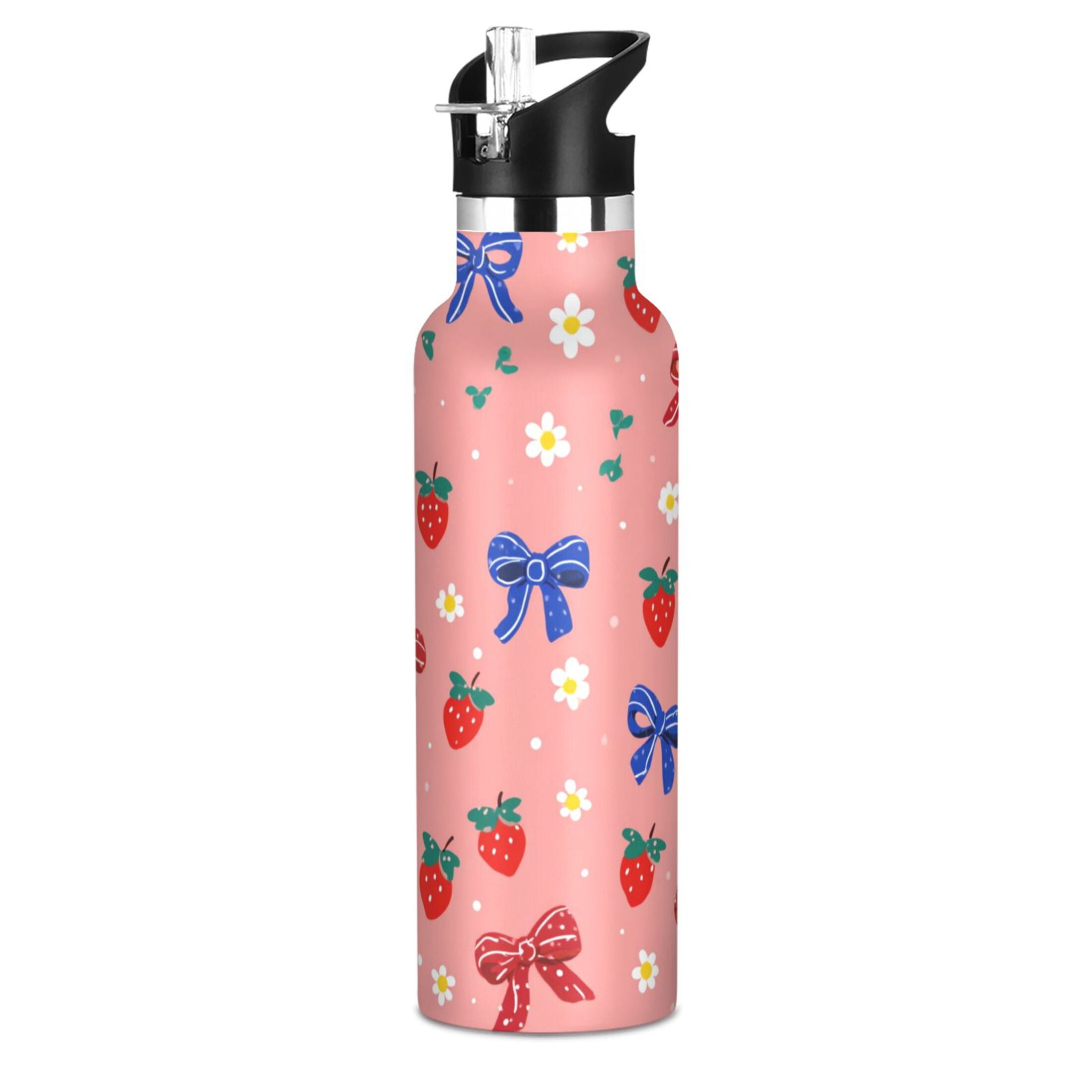 Kids Insulated Stainless Steel Sports Water Bottle 600ml (20oz) Bows and Strawberries Pattern
