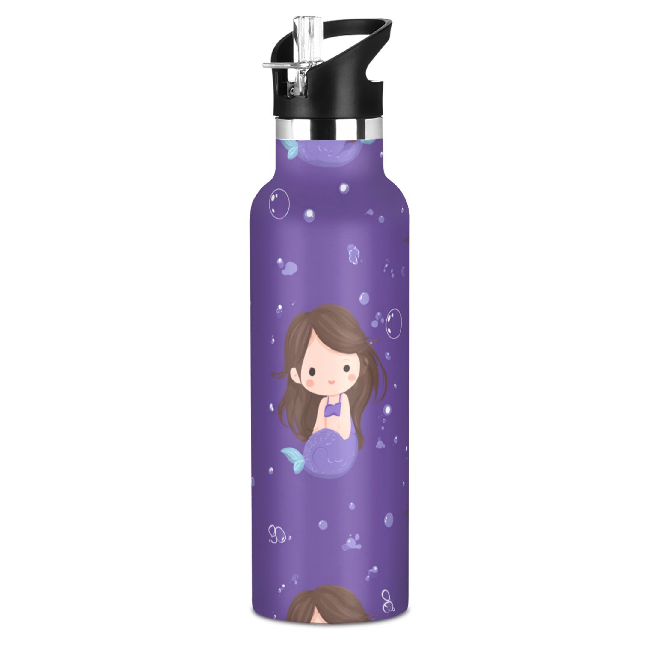 Kids Insulated Stainless Steel Sports Water Bottle 600ml (20oz) Brown Hair Mermaid