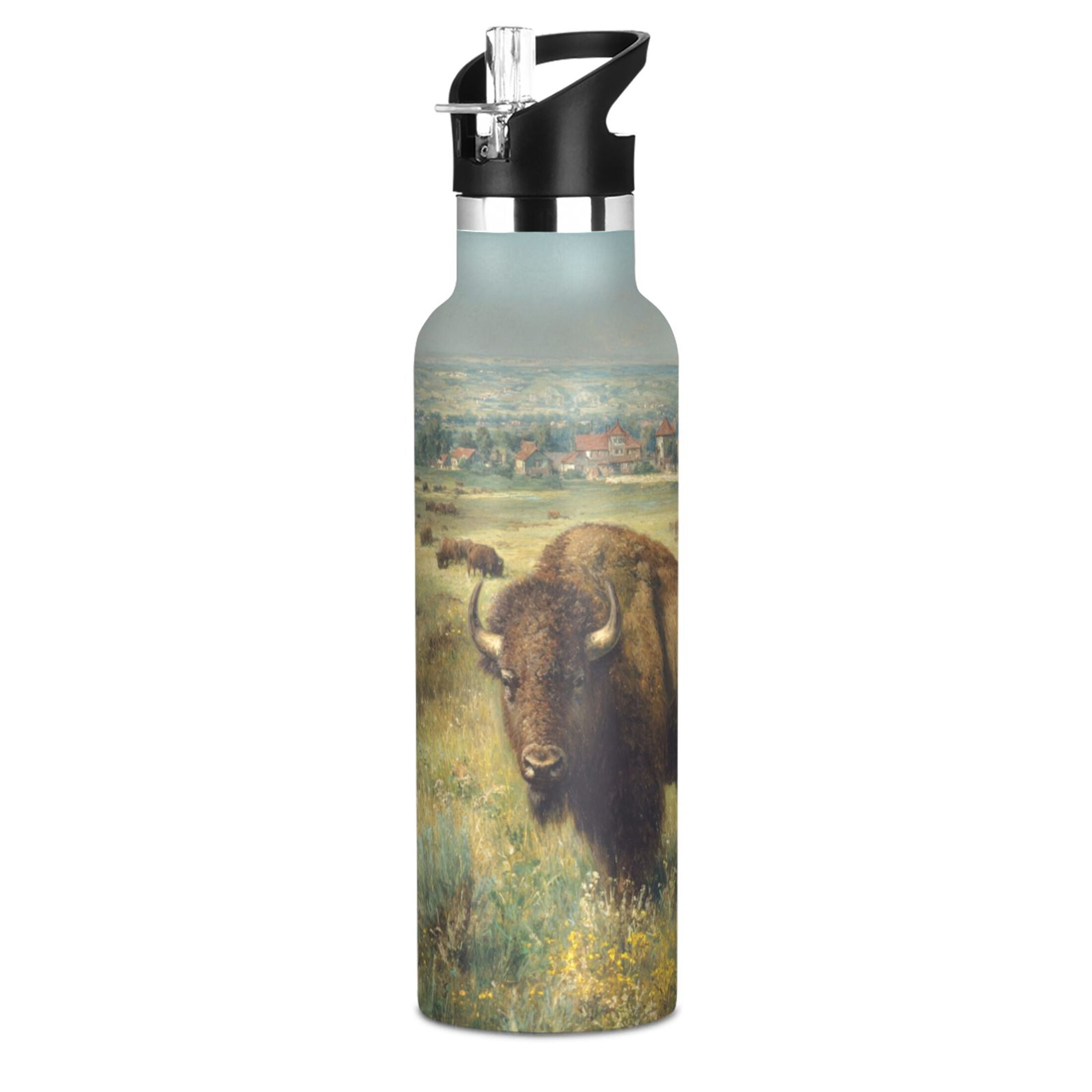 Kids Insulated Stainless Steel Sports Water Bottle 600ml (20oz) Buffalo Herd Oil Painting