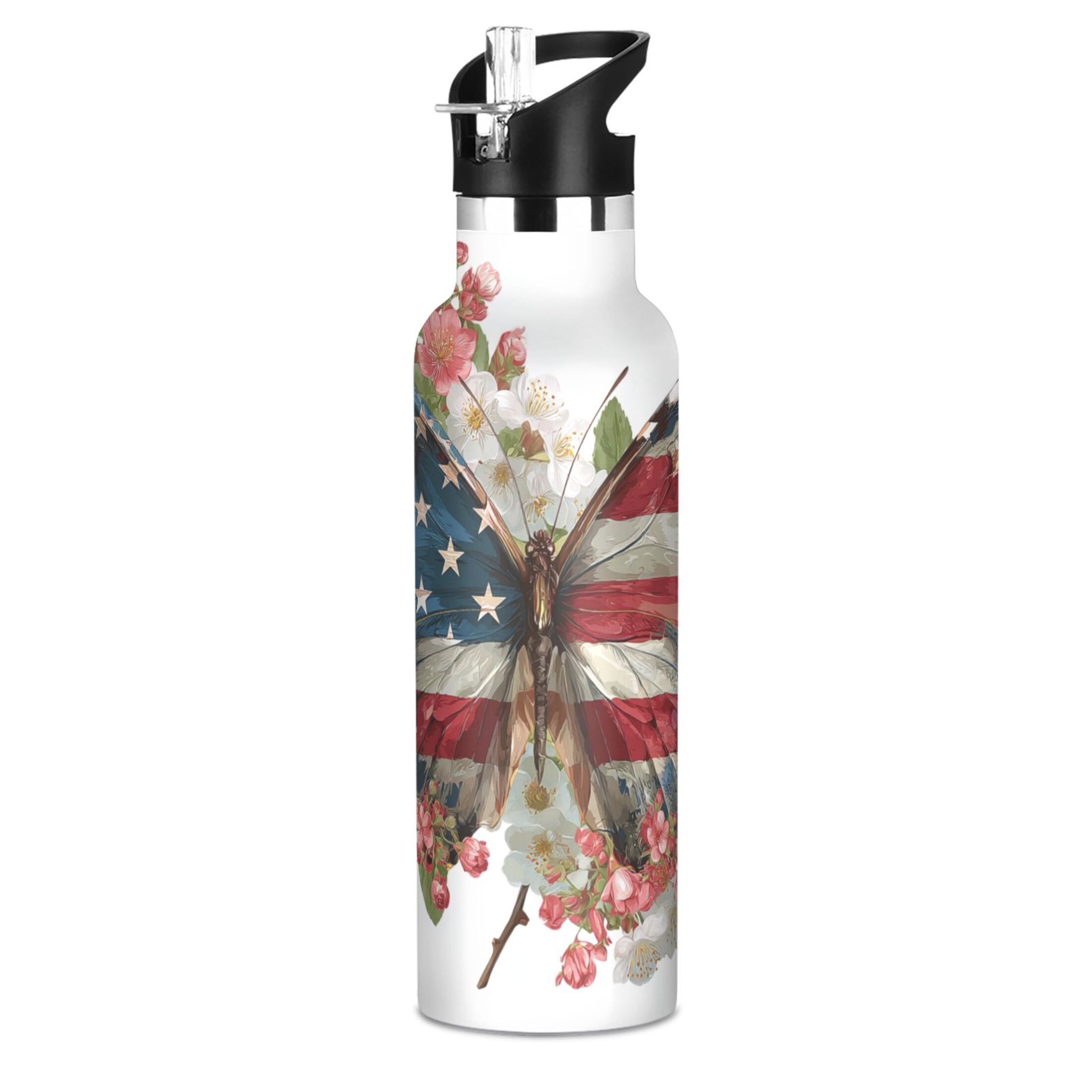 Kids Insulated Stainless Steel Sports Water Bottle 600ml (20oz) Butterfly with Flag Pattern