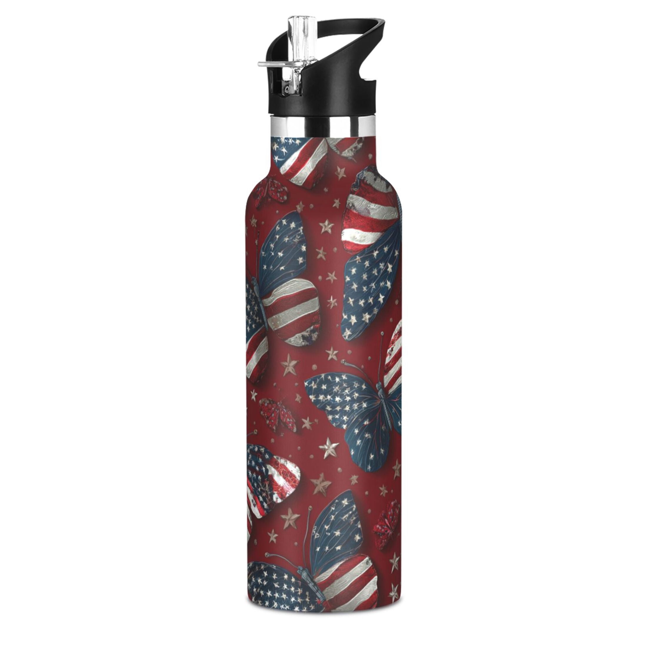 Kids Insulated Stainless Steel Sports Water Bottle 600ml (20oz) Butterfly with National Flag