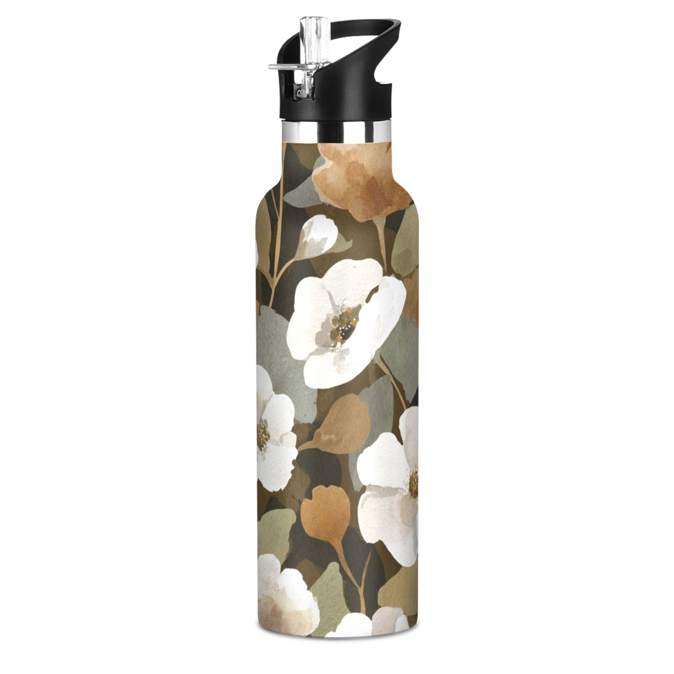 Kids Insulated Stainless Steel Sports Water Bottle 600ml (20oz) Camouflage White Flowers