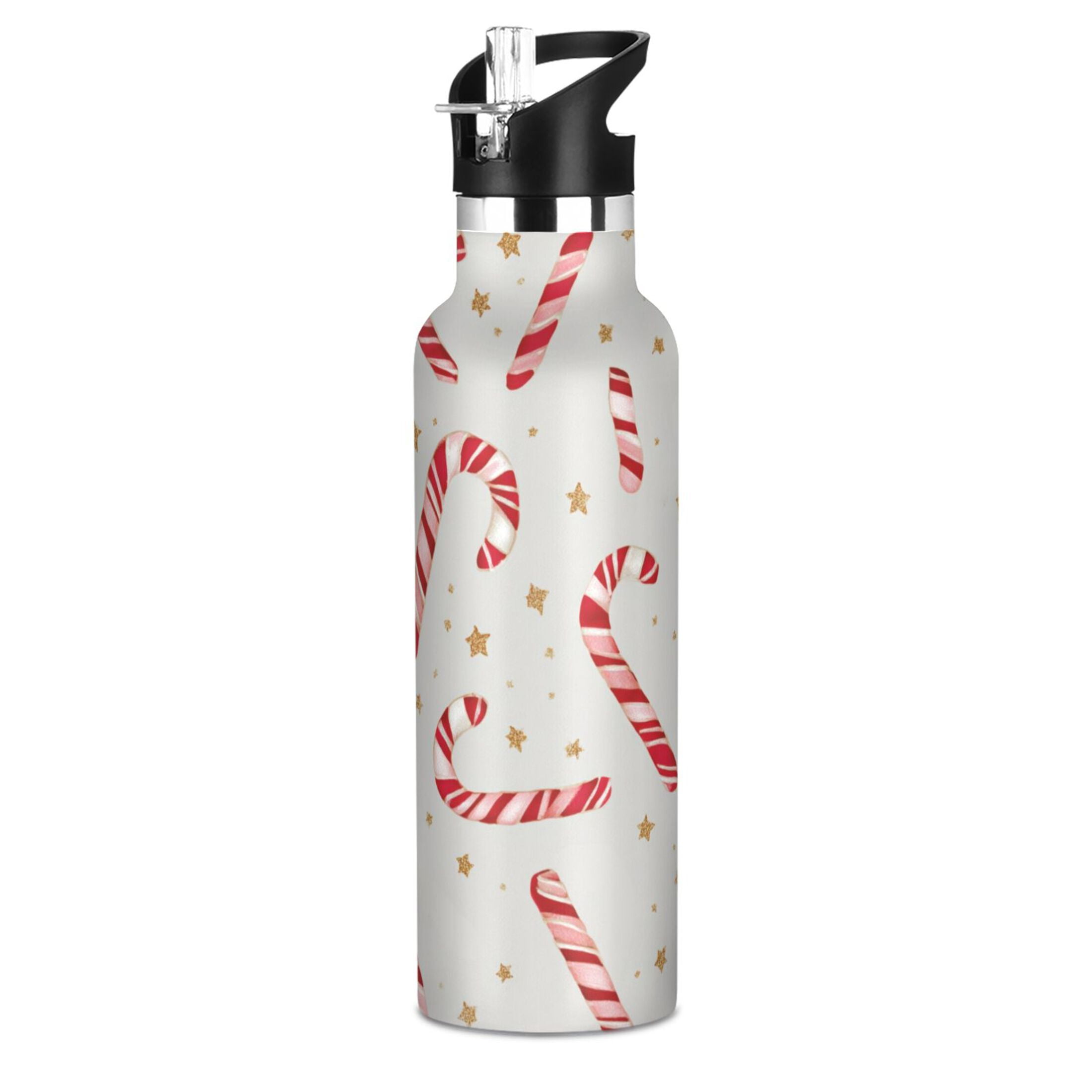 Kids Insulated Stainless Steel Sports Water Bottle 600ml (20oz) Candy Cane and Gold Stars