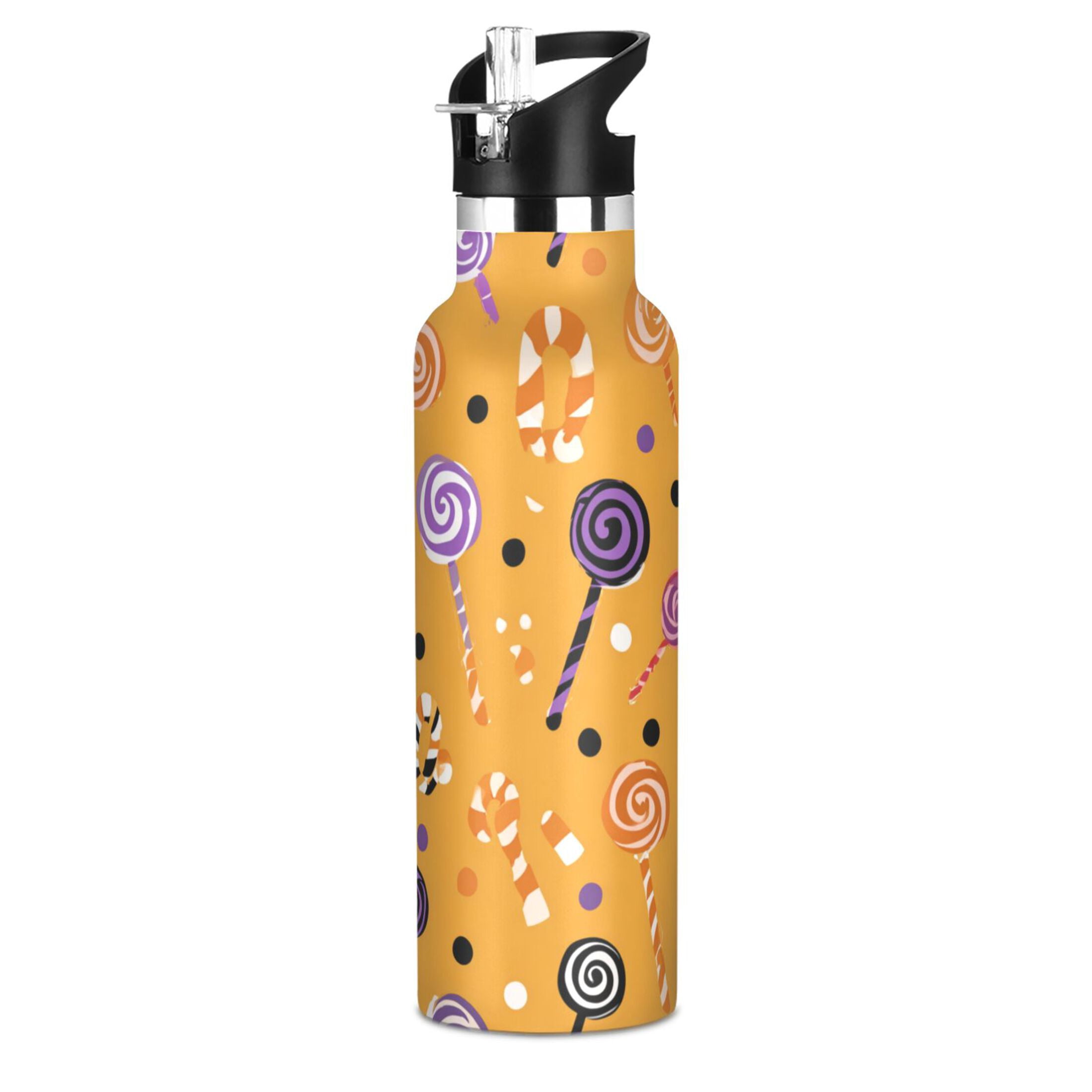 Kids Insulated Stainless Steel Sports Water Bottle 600ml (20oz) Candy Canes and Spiral Lollipops