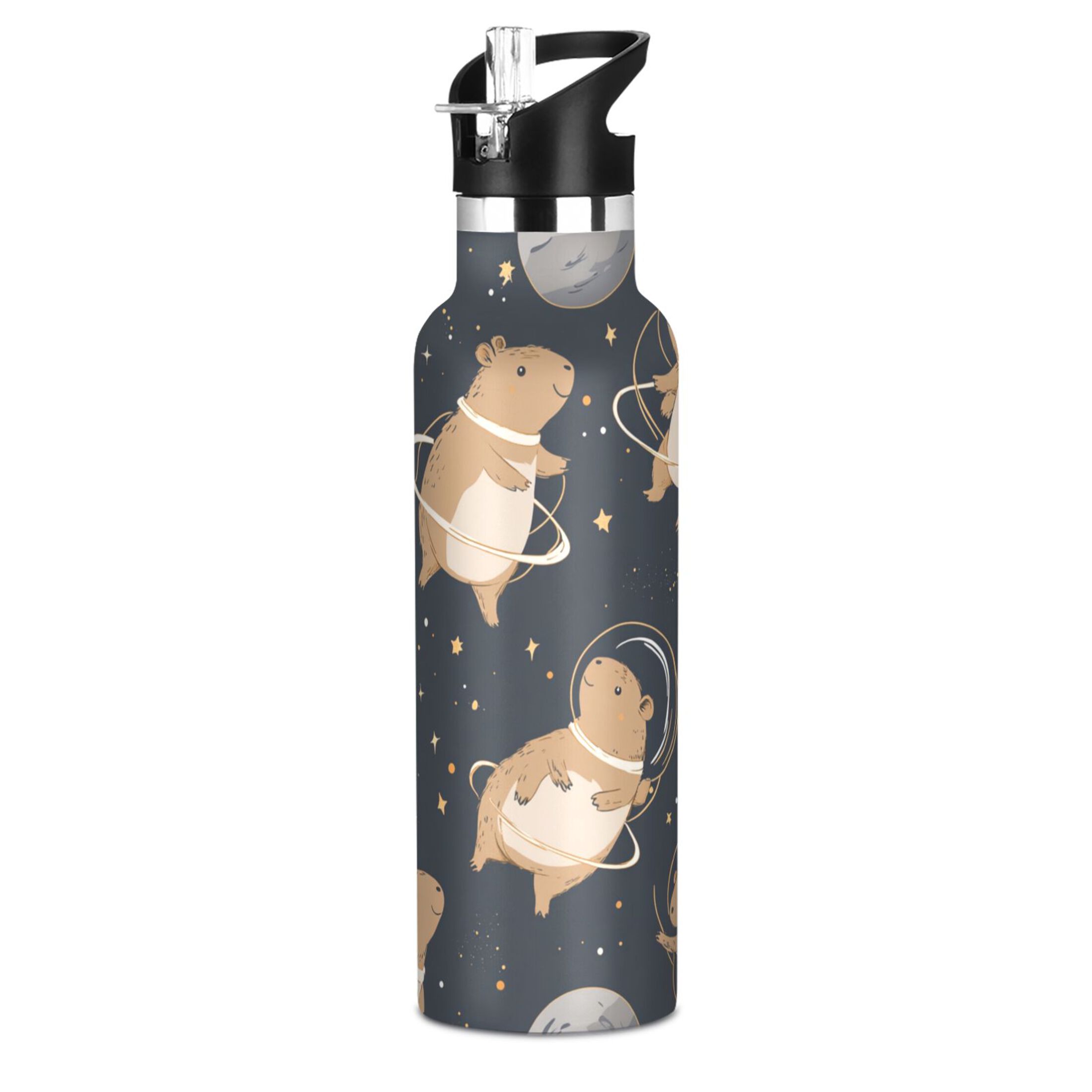 Kids Insulated Stainless Steel Sports Water Bottle 600ml (20oz) Capybara Astronauts