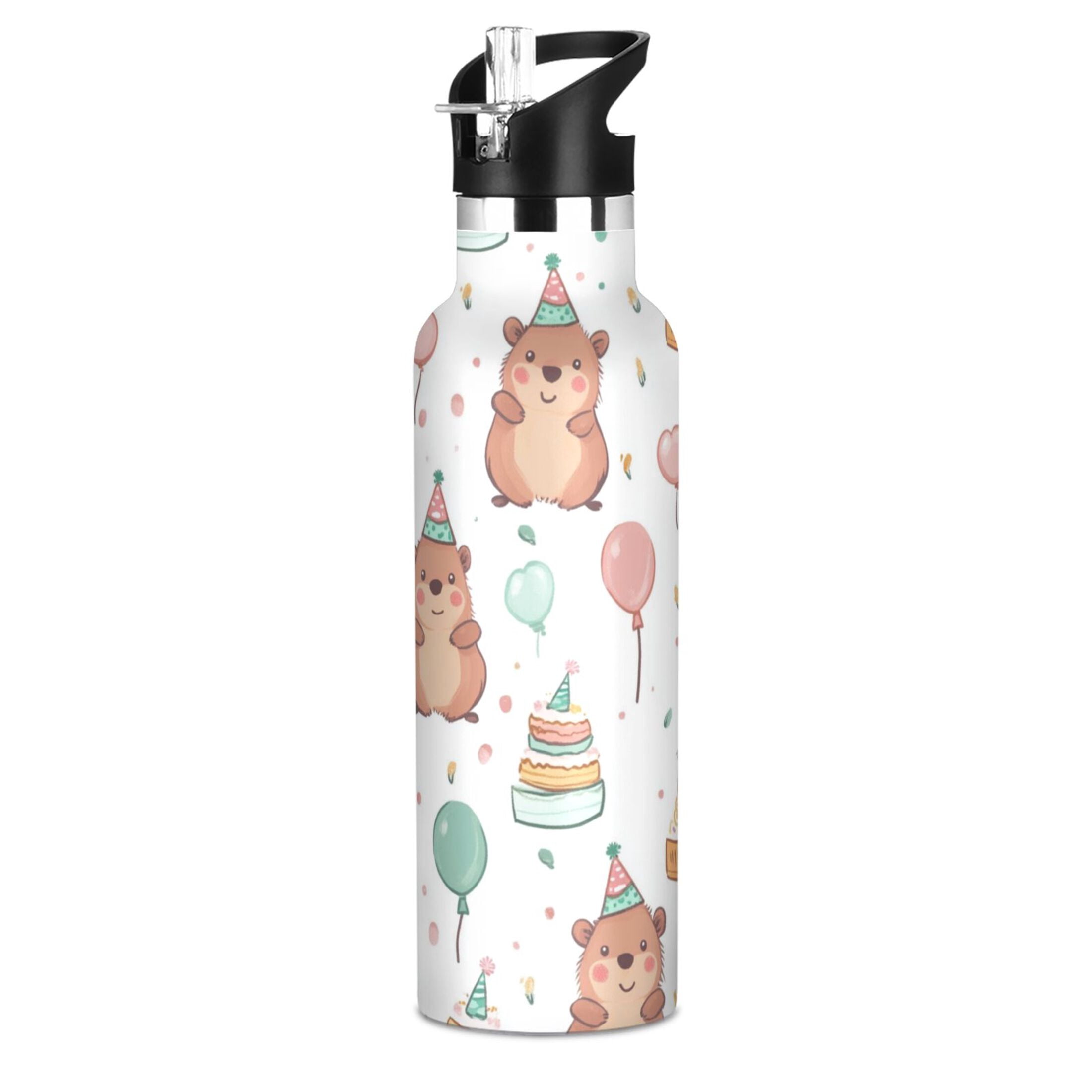 Kids Insulated Stainless Steel Sports Water Bottle 600ml (20oz) Capybara Wearing Party Hat