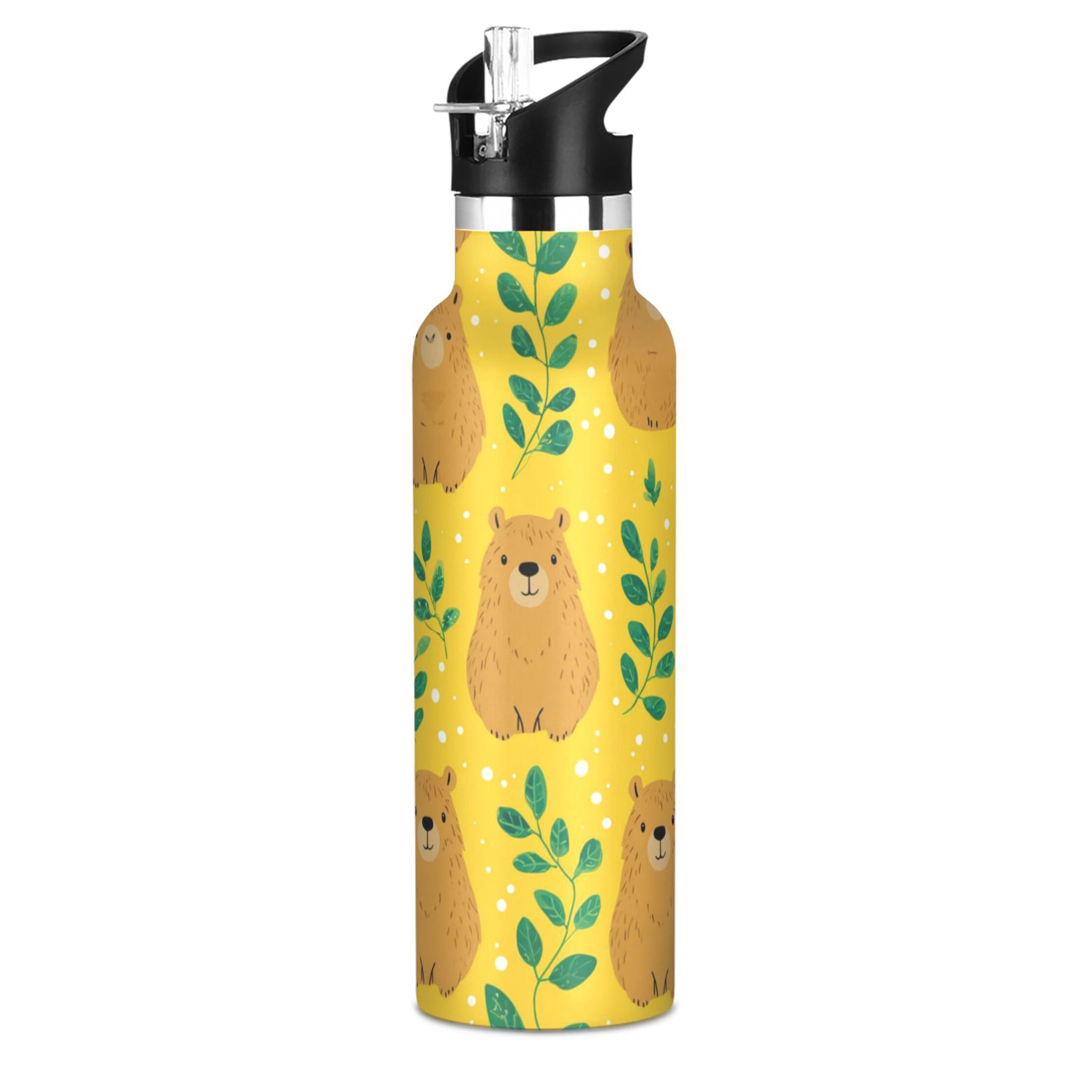 Kids Insulated Stainless Steel Sports Water Bottle 600ml (20oz) Capybara and Green Leaves