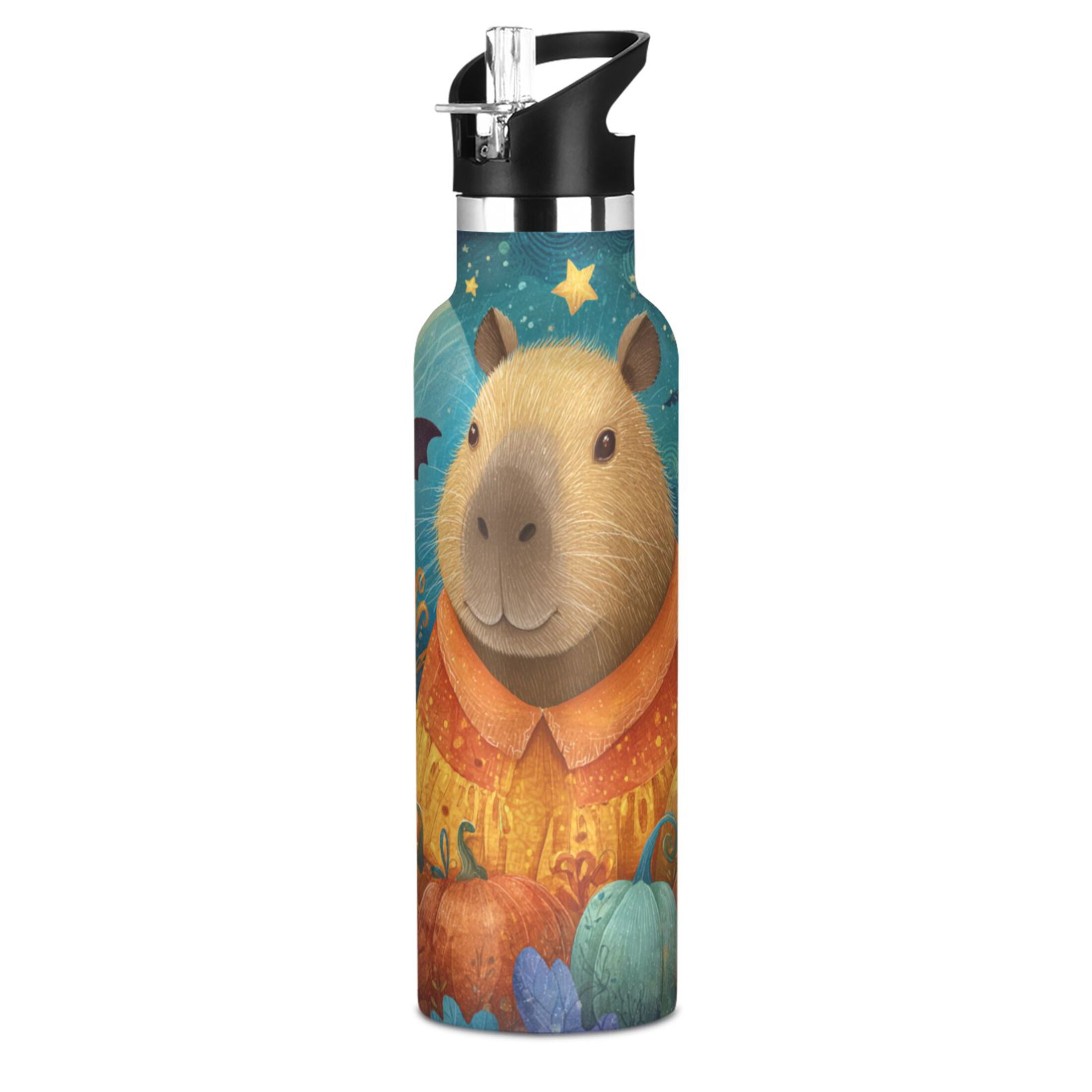 Kids Insulated Stainless Steel Sports Water Bottle 600ml (20oz) Capybara and Pumpkins