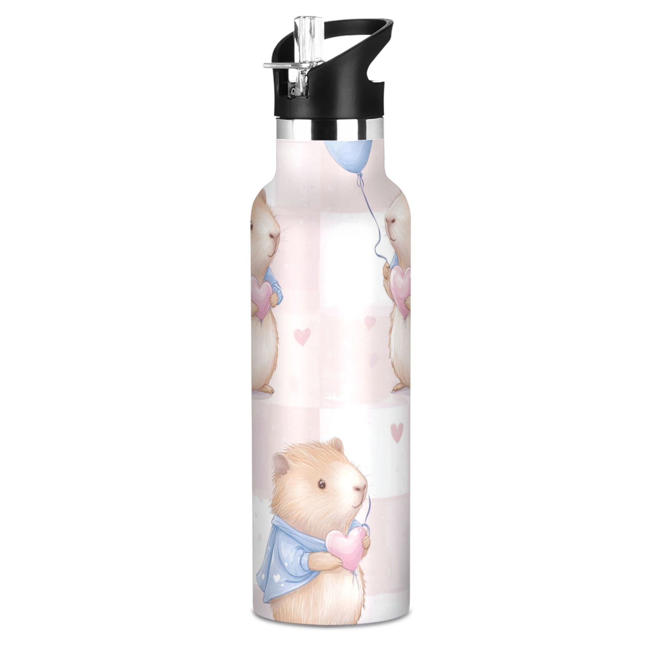 Kids Insulated Stainless Steel Sports Water Bottle 600ml (20oz) Capybaras Holding Balloons
