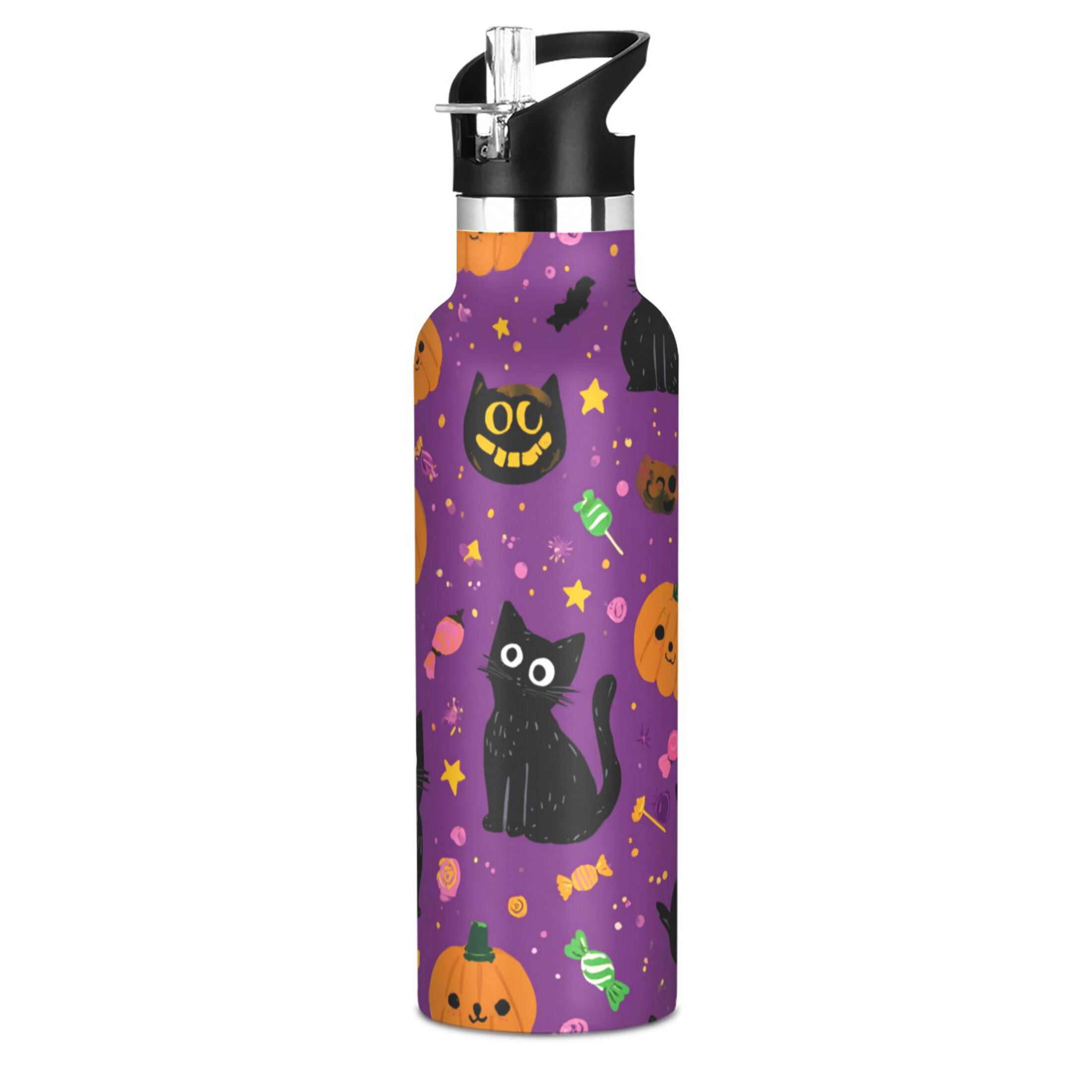 Kids Insulated Stainless Steel Sports Water Bottle 600ml (20oz) Cartoon Black Cats and Pumpkins