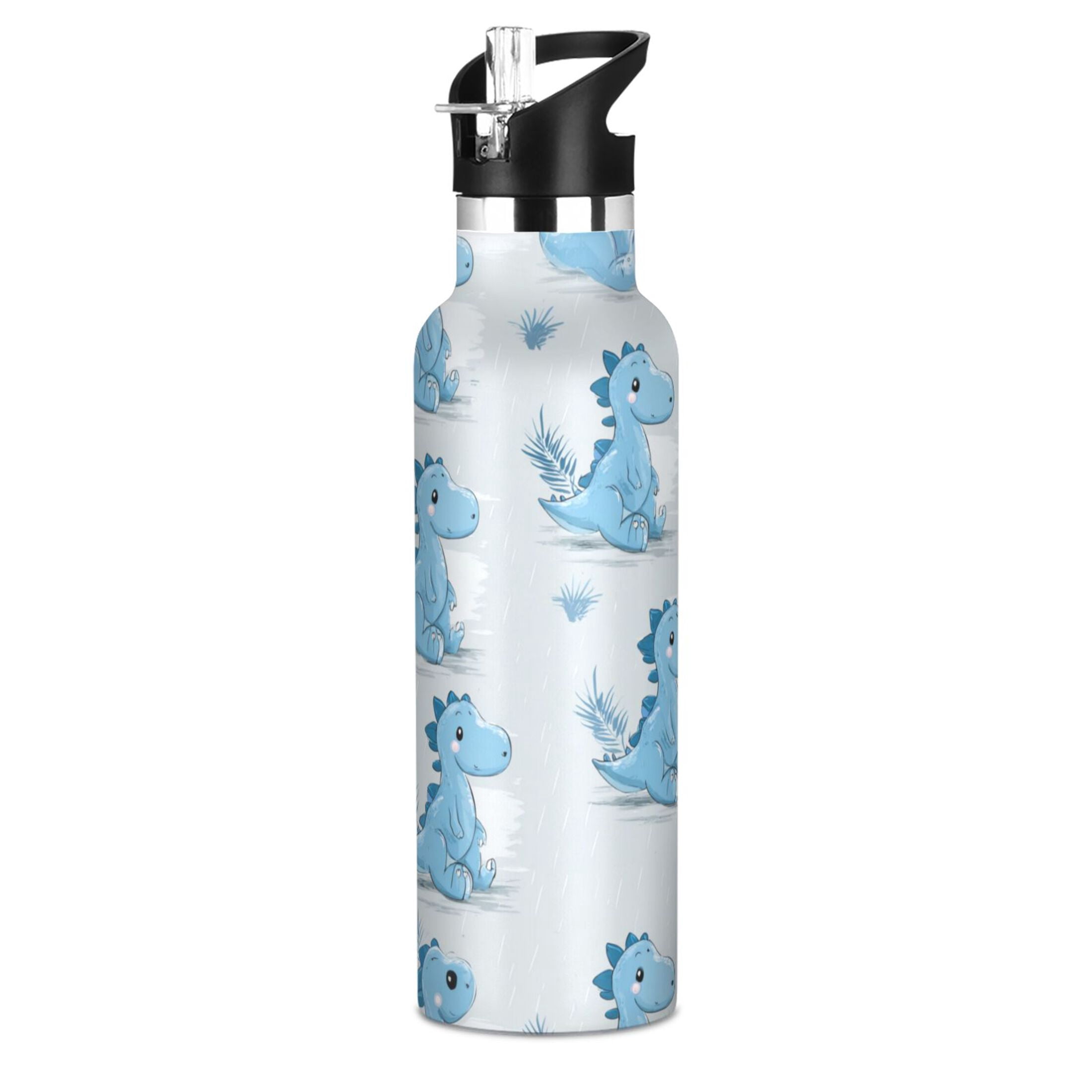 Kids Insulated Stainless Steel Sports Water Bottle 600ml (20oz) Cartoon Blue Dinosaurs