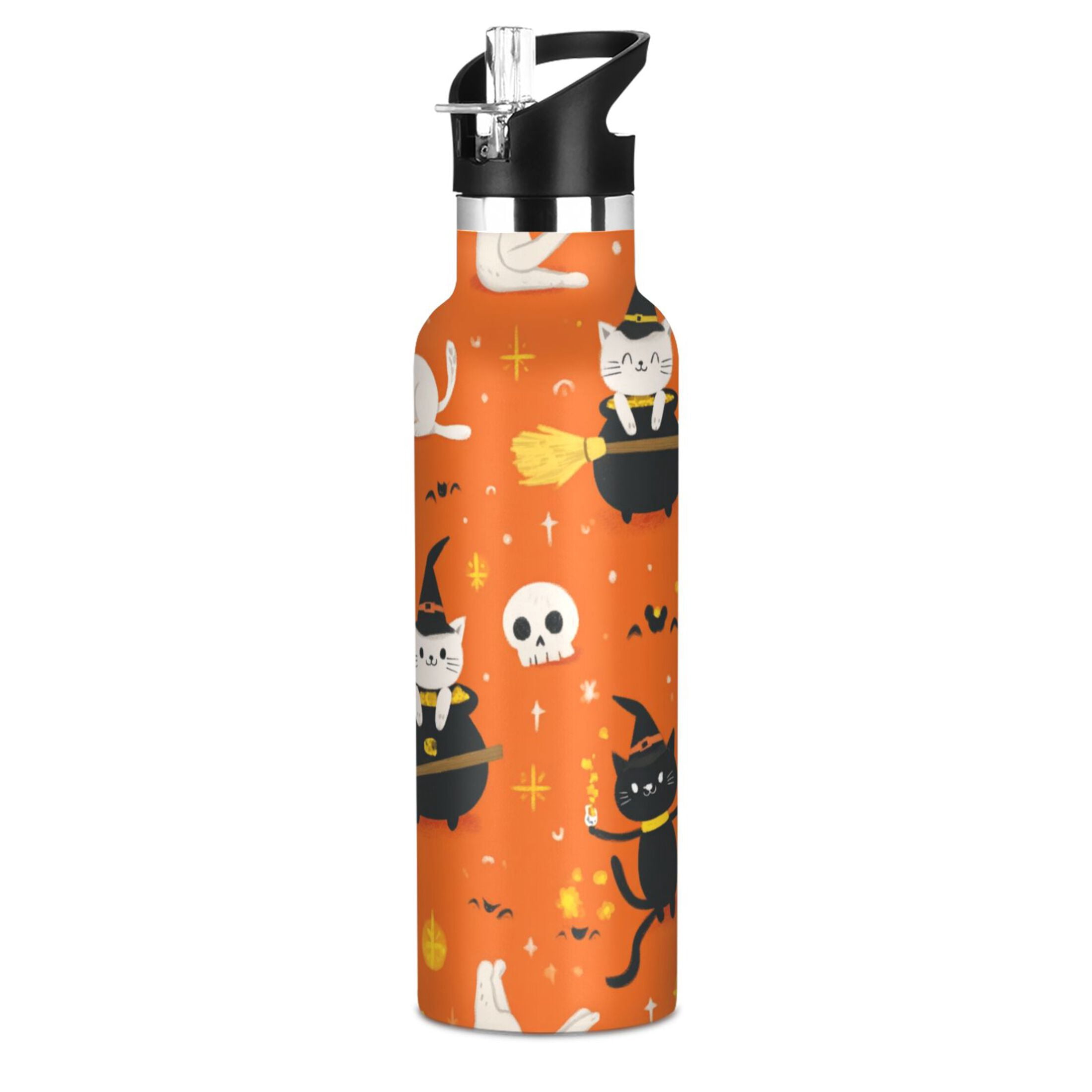 Kids Insulated Stainless Steel Sports Water Bottle 600ml (20oz) Cartoon Cats in Witches' Hats