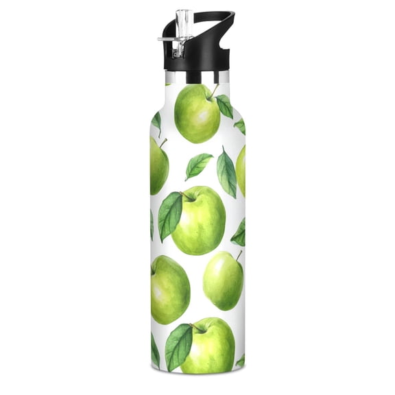 Kids Insulated Stainless Steel Sports Water Bottle 600ml (20oz) Cartoon Green Apples Pattern