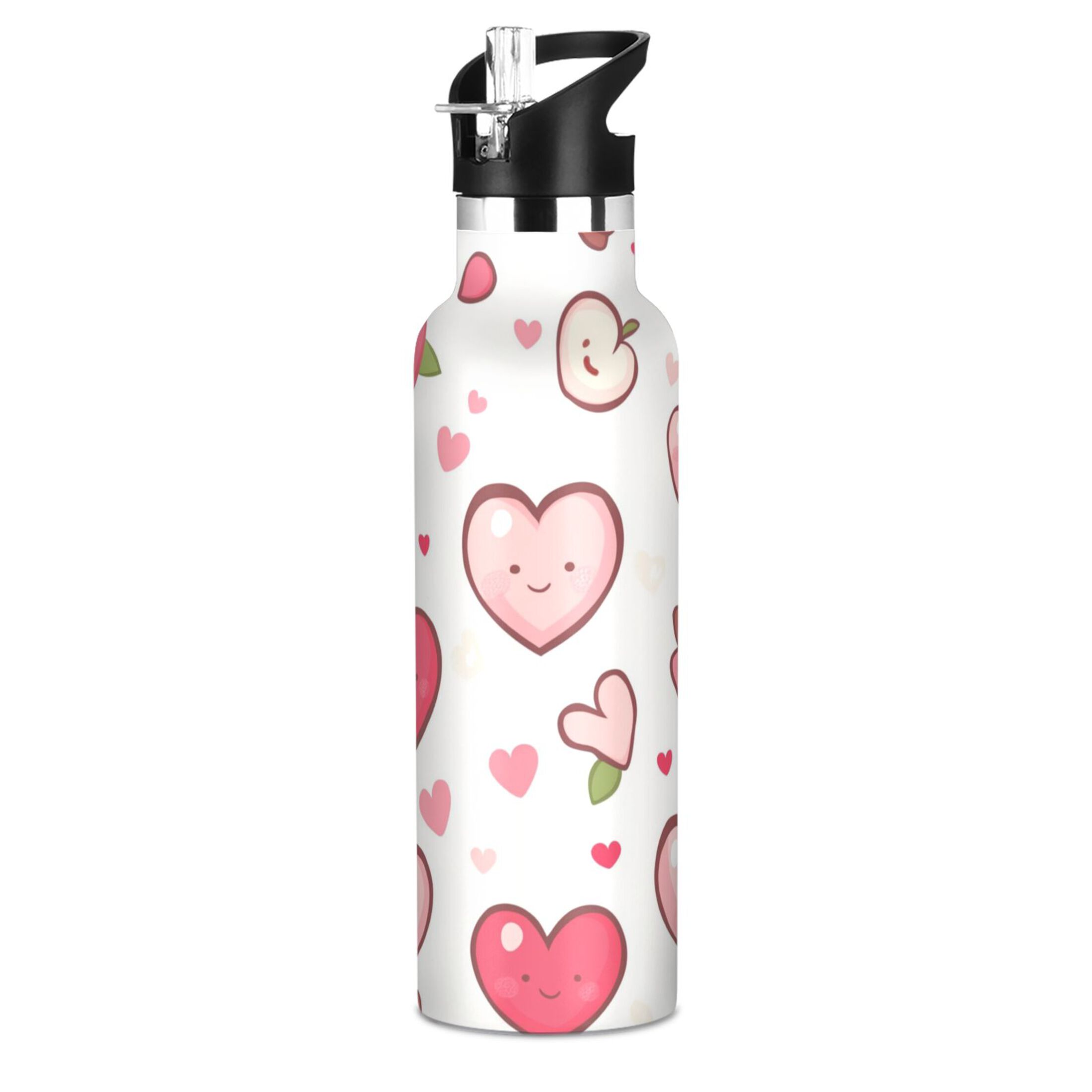 Kids Insulated Stainless Steel Sports Water Bottle 600ml (20oz) Cartoon Pink Hearts Pattern