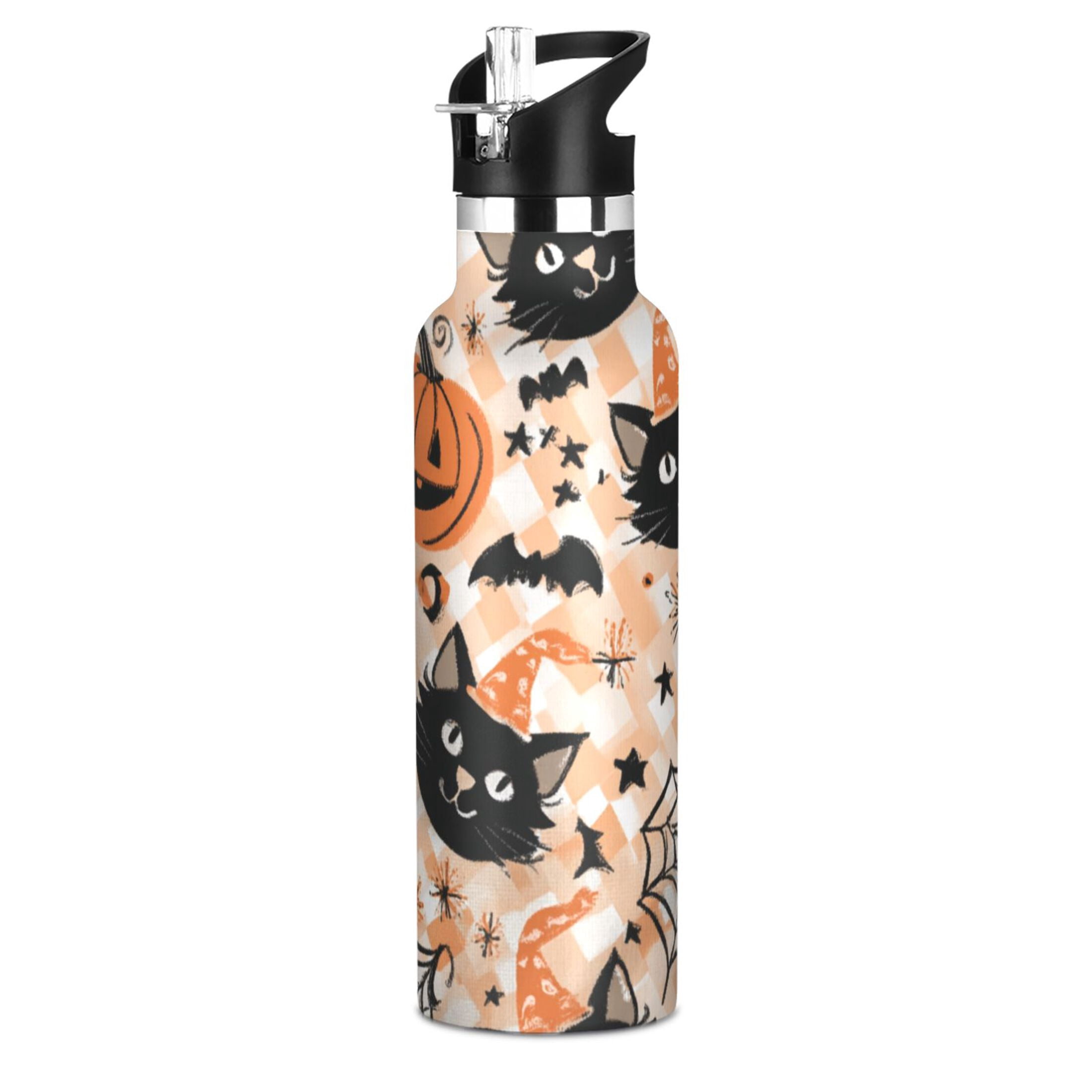 Kids Insulated Stainless Steel Sports Water Bottle 600ml (20oz) Cat Face and Pumpkin