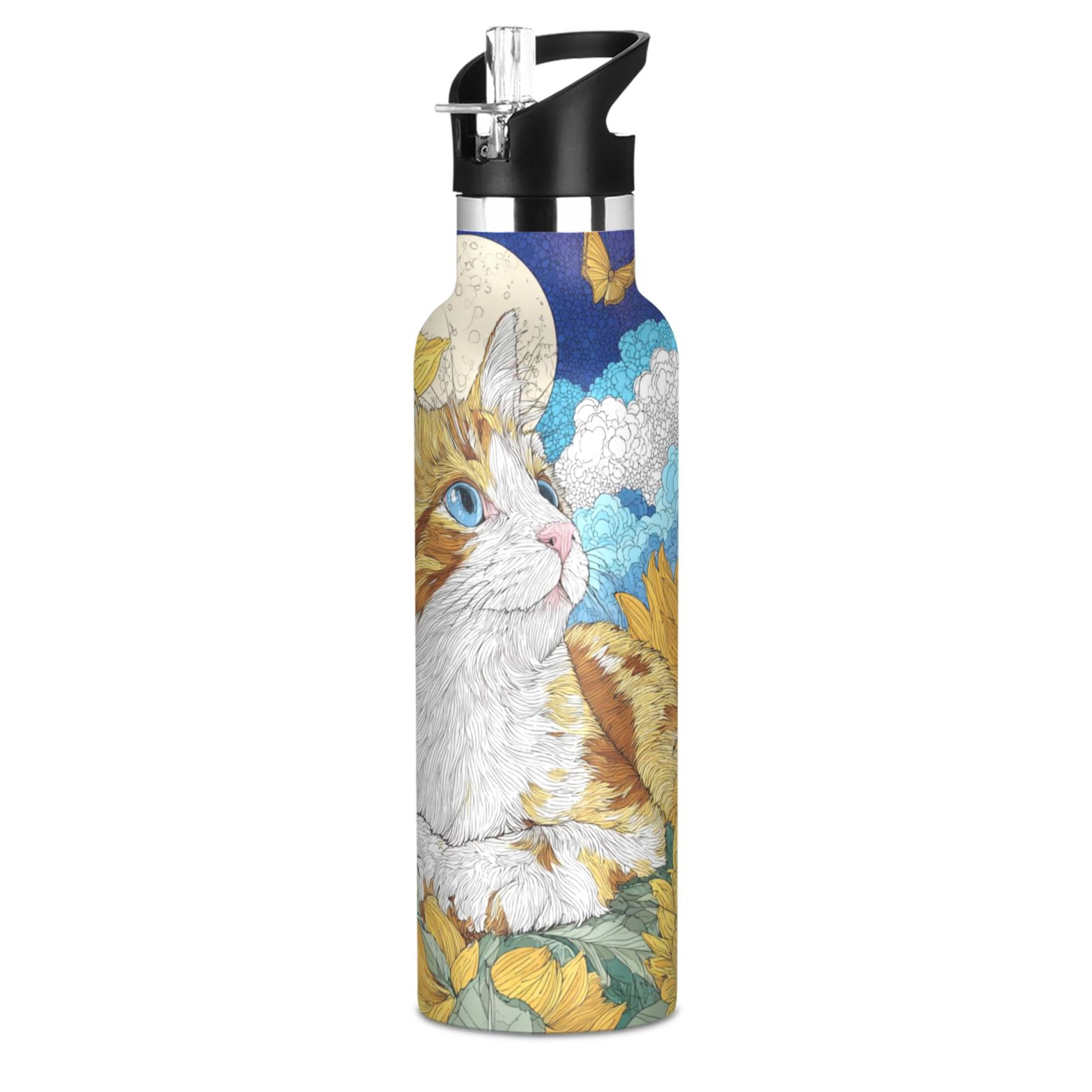 Kids Insulated Stainless Steel Sports Water Bottle 600ml (20oz) Cat Lies in The Sunflowers
