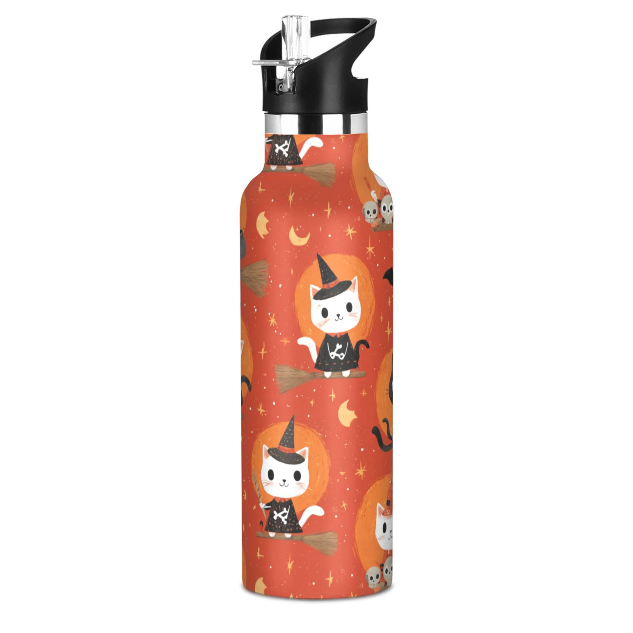 Kids Insulated Stainless Steel Sports Water Bottle 600ml (20oz) Cat Riding A Broom