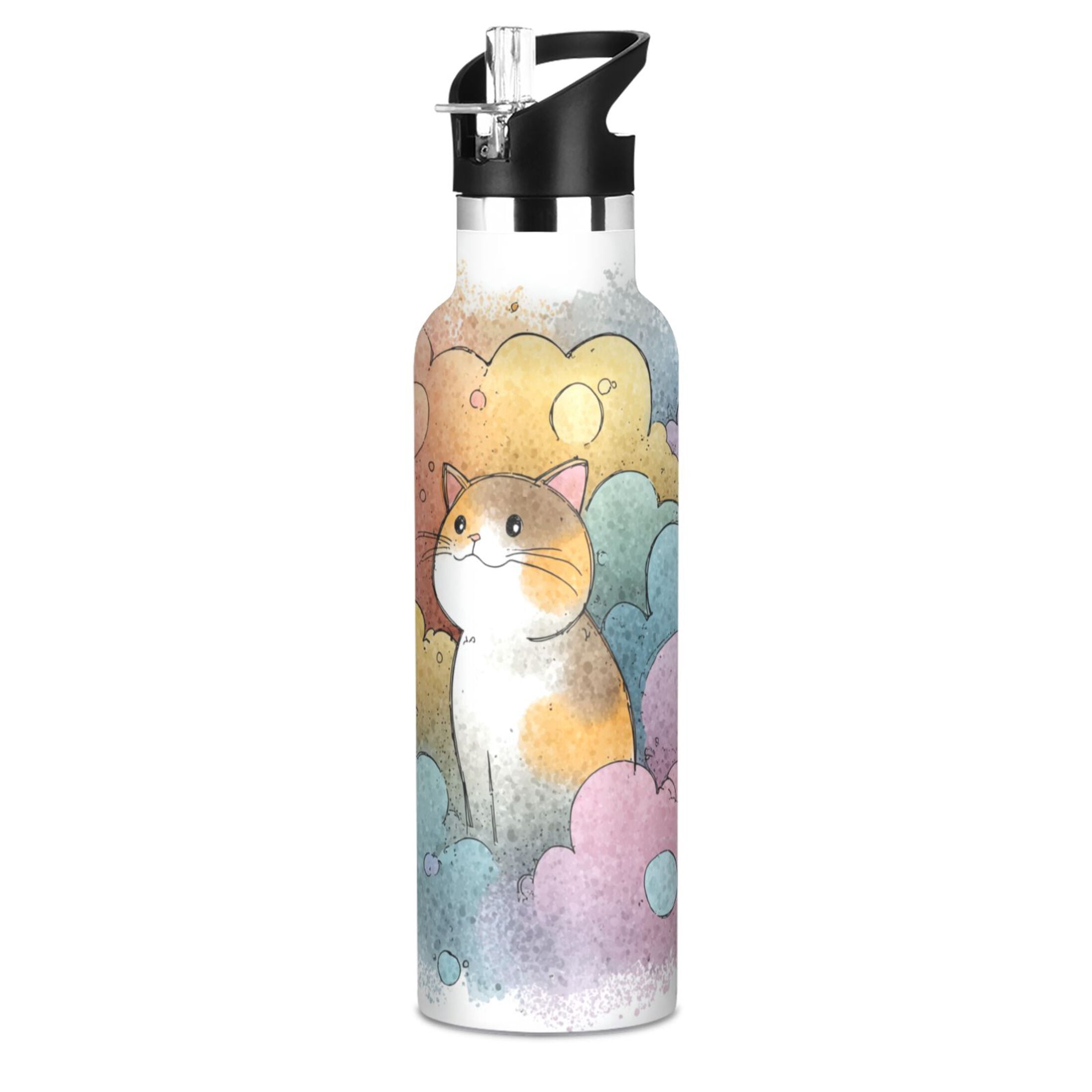 Kids Insulated Stainless Steel Sports Water Bottle 600ml (20oz) Cat and Colorful Clouds