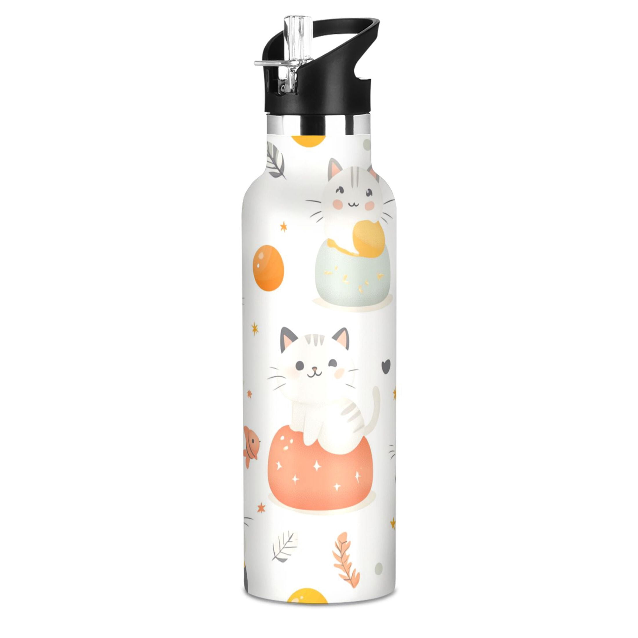 Kids Insulated Stainless Steel Sports Water Bottle 600ml (20oz) Cats and Fish Pattern