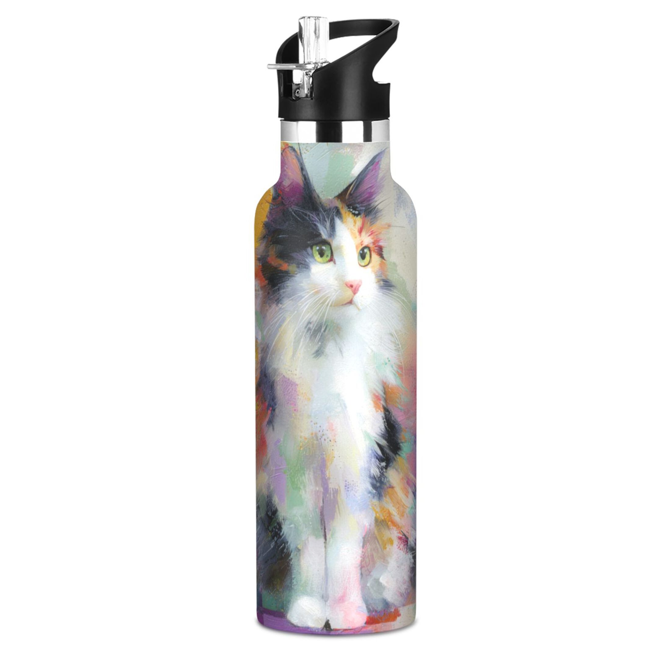 Kids Insulated Stainless Steel Sports Water Bottle 600ml (20oz) Charming Hairy Cat