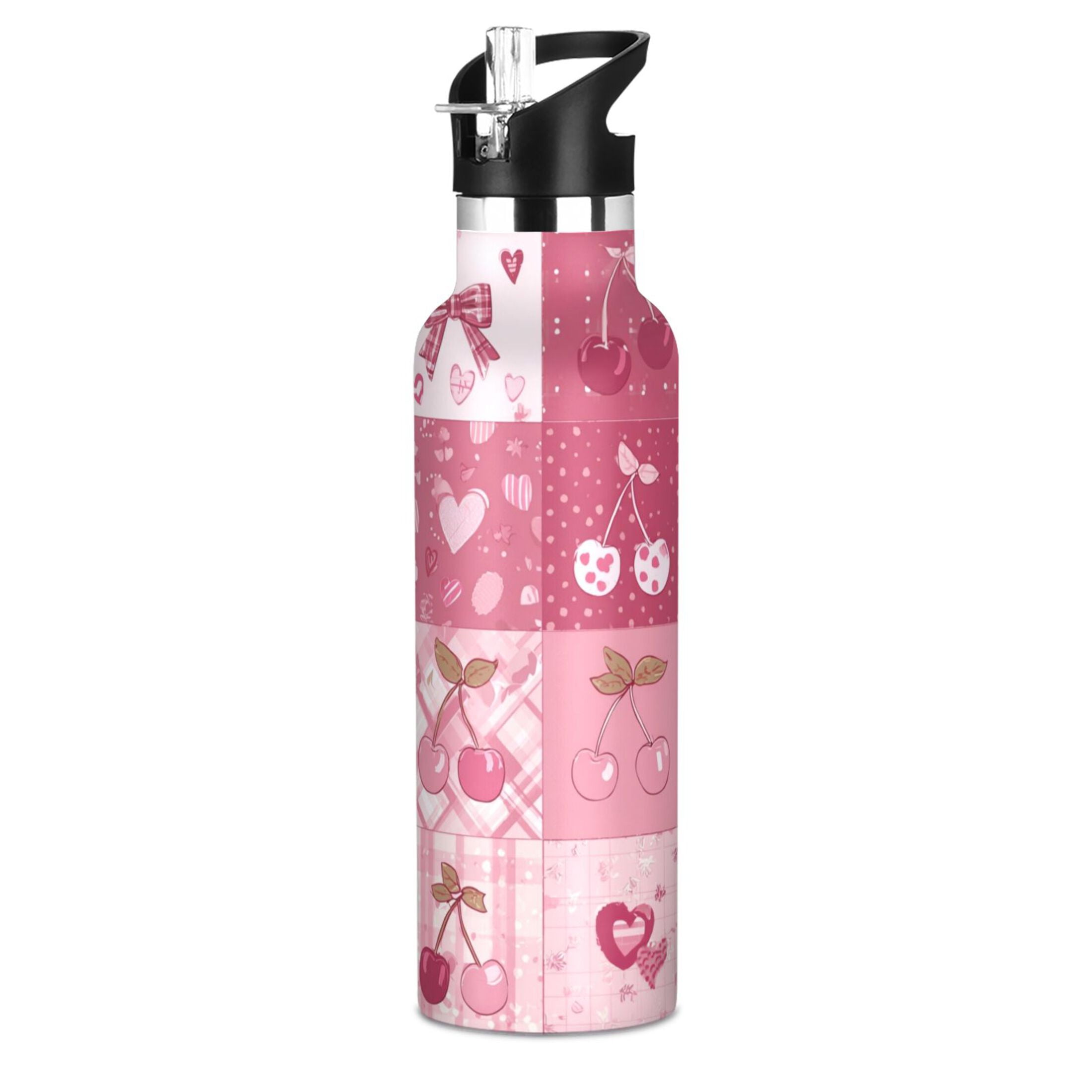 Kids Insulated Stainless Steel Sports Water Bottle 600ml (20oz) Cherry Pattern with Bows