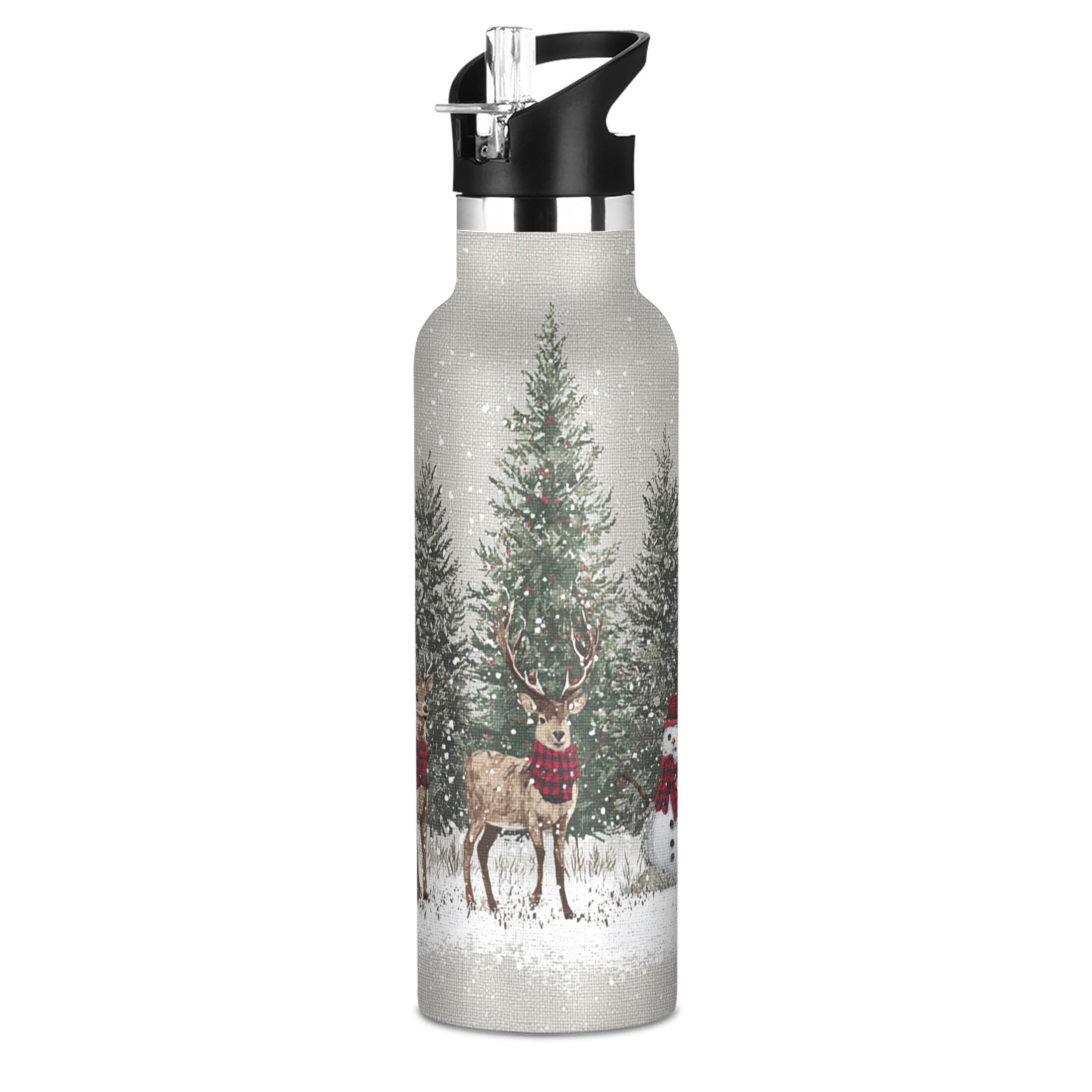 Kids Insulated Stainless Steel Sports Water Bottle 600ml (20oz) Christmas Deer and Snowmen