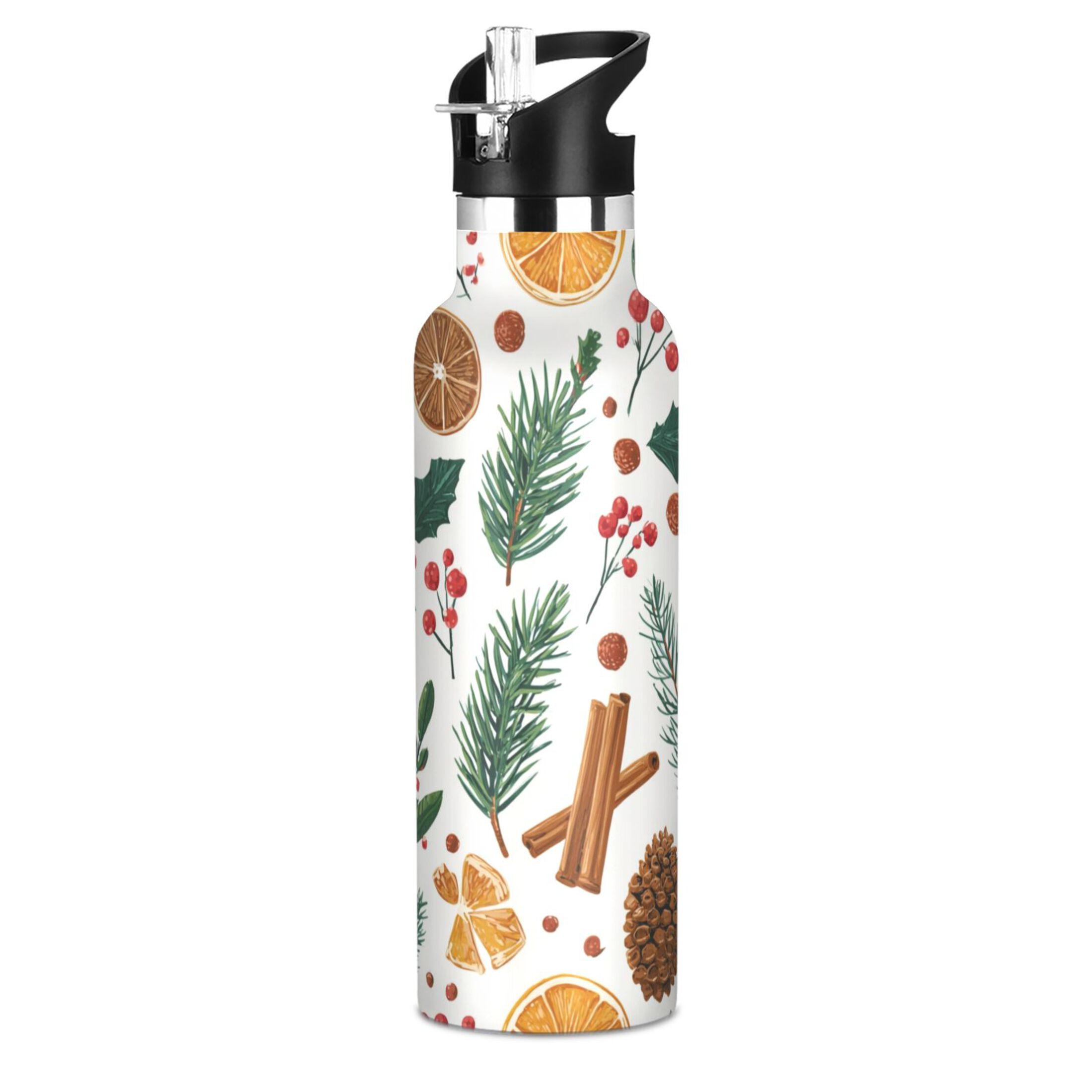 Kids Insulated Stainless Steel Sports Water Bottle 600ml (20oz) Christmas Spices and Holly Leaves