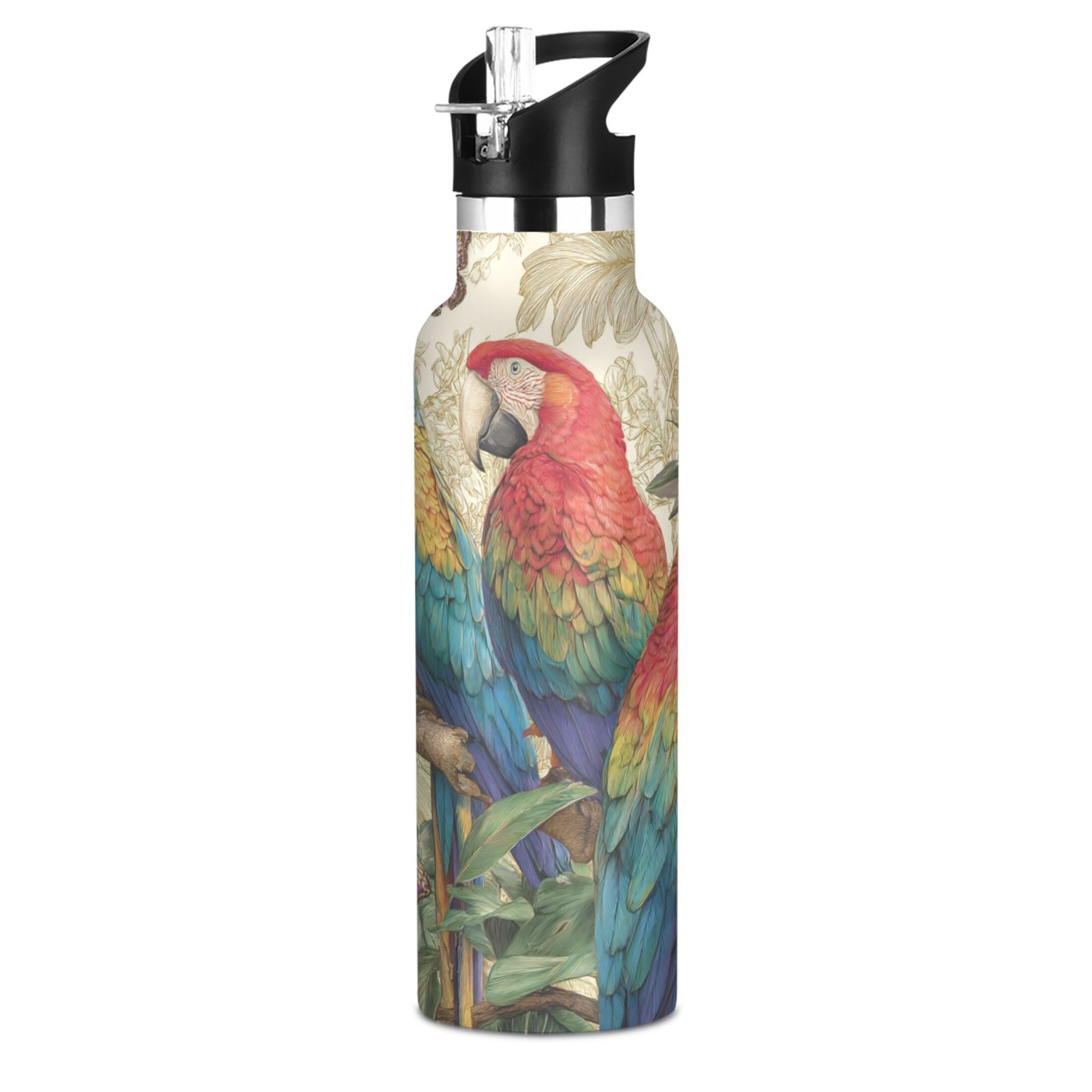 Kids Insulated Stainless Steel Sports Water Bottle 600ml (20oz) Colorful Beautiful Parrots