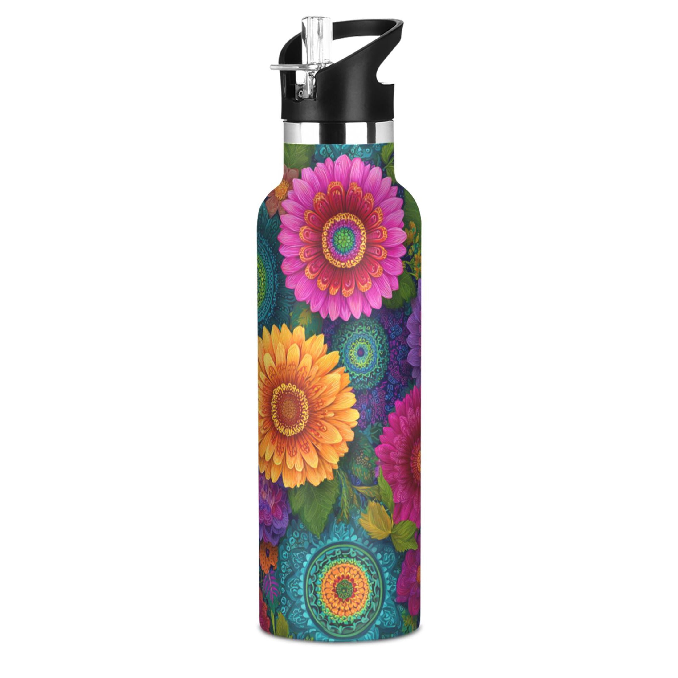 Kids Insulated Stainless Steel Sports Water Bottle 600ml (20oz) Colorful Blooming Flowers